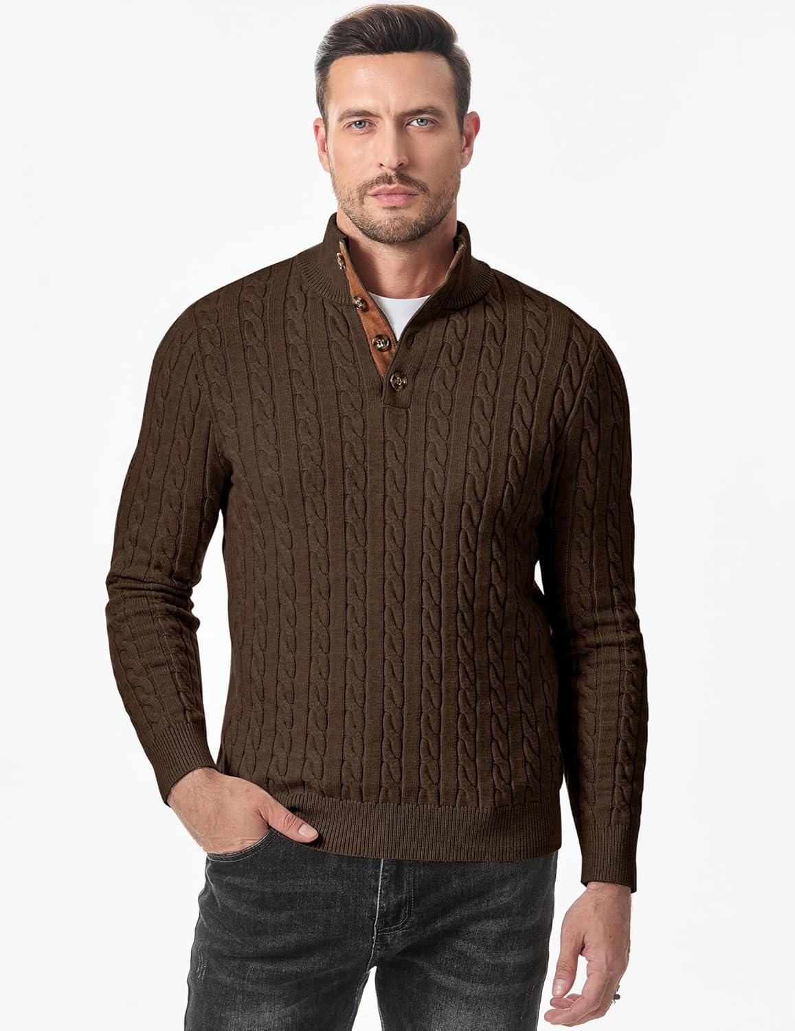 imageJMIERR Mens Cable Knit Pullover Sweater Casual Long Sleeve Stand Collar Button Knitted SweatersChocolate Brown