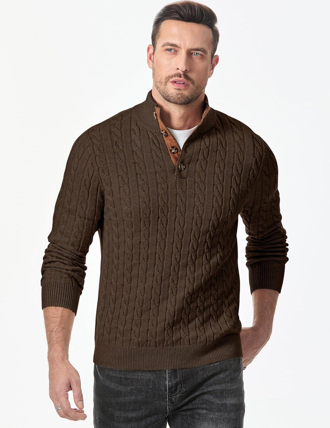 imageJMIERR Mens Cable Knit Pullover Sweater Casual Long Sleeve Stand Collar Button Knitted SweatersChocolate Brown