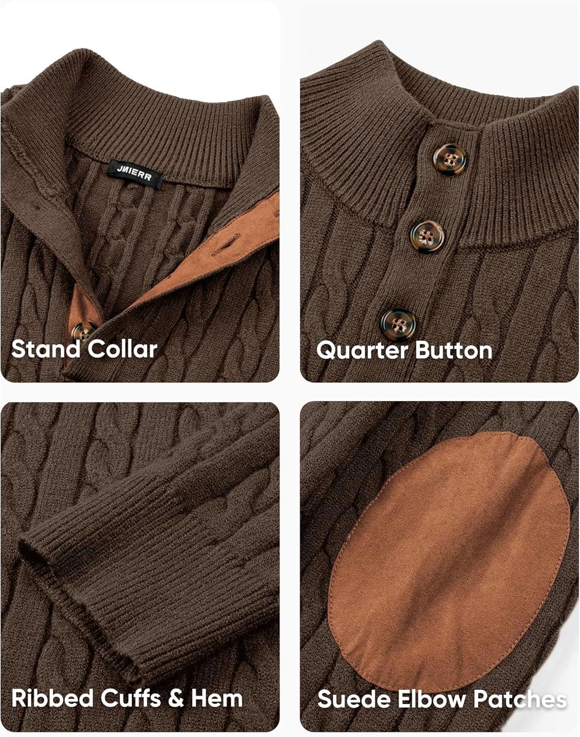 imageJMIERR Mens Cable Knit Pullover Sweater Casual Long Sleeve Stand Collar Button Knitted SweatersChocolate Brown