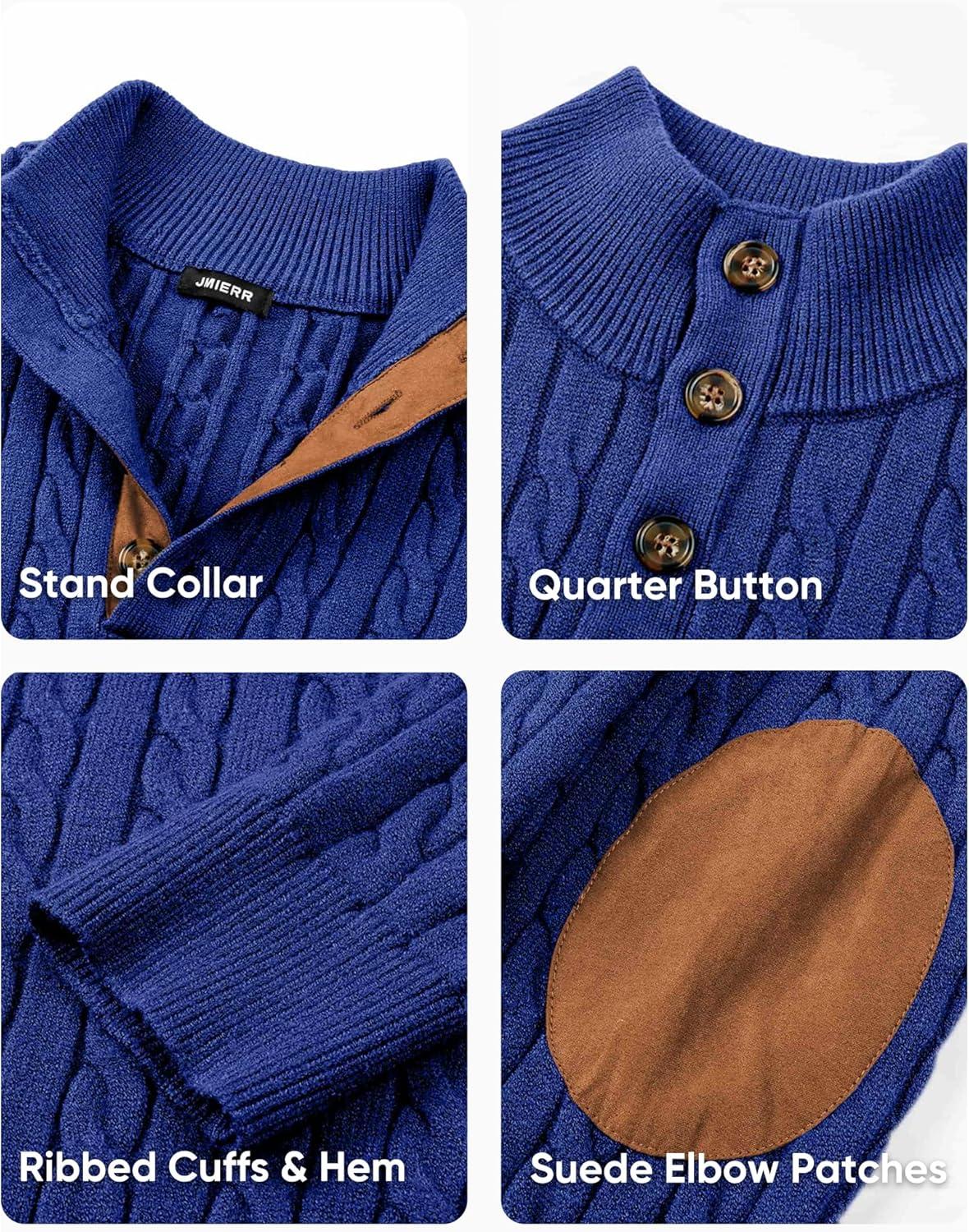 imageJMIERR Mens Cable Knit Pullover Sweater Casual Long Sleeve Stand Collar Button Knitted SweatersDark Blue