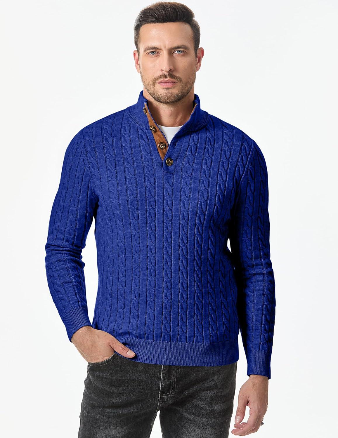 imageJMIERR Mens Cable Knit Pullover Sweater Casual Long Sleeve Stand Collar Button Knitted SweatersDark Blue