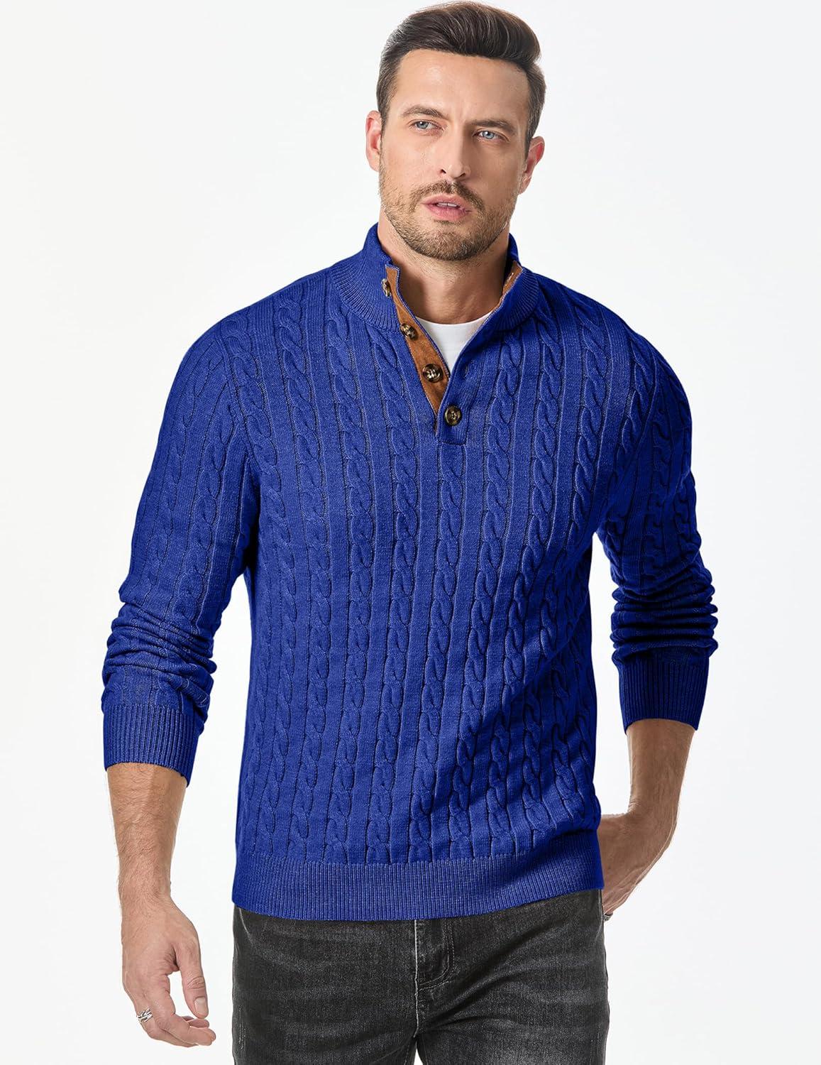 imageJMIERR Mens Cable Knit Pullover Sweater Casual Long Sleeve Stand Collar Button Knitted SweatersDark Blue