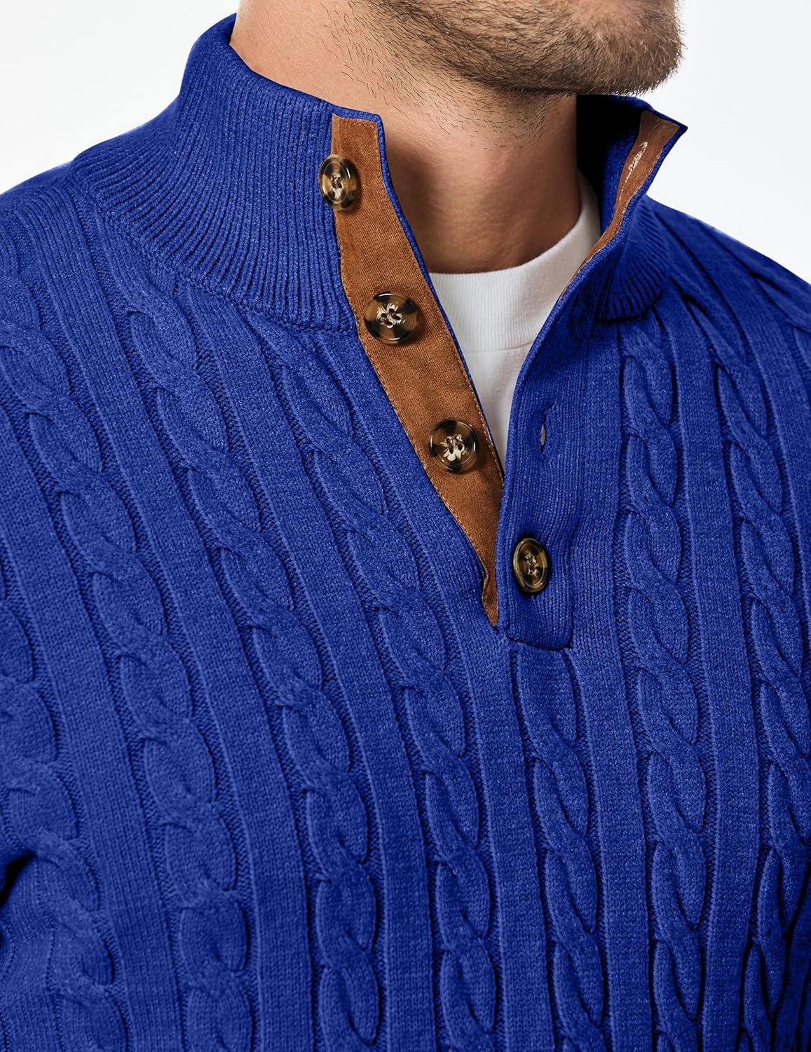 imageJMIERR Mens Cable Knit Pullover Sweater Casual Long Sleeve Stand Collar Button Knitted SweatersDark Blue