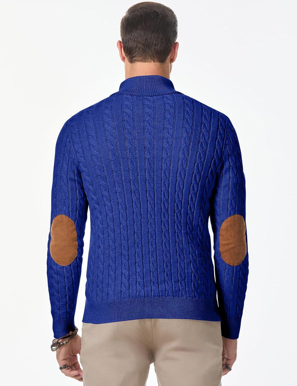 imageJMIERR Mens Cable Knit Pullover Sweater Casual Long Sleeve Stand Collar Button Knitted SweatersDark Blue