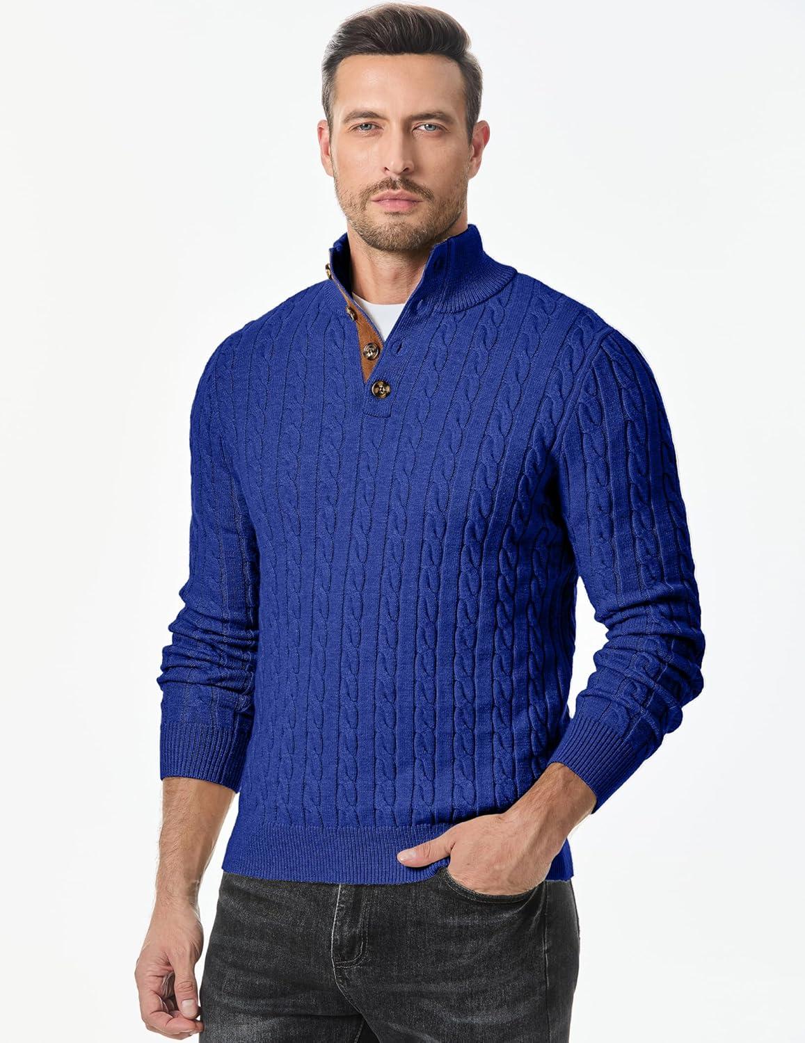 imageJMIERR Mens Cable Knit Pullover Sweater Casual Long Sleeve Stand Collar Button Knitted SweatersDark Blue