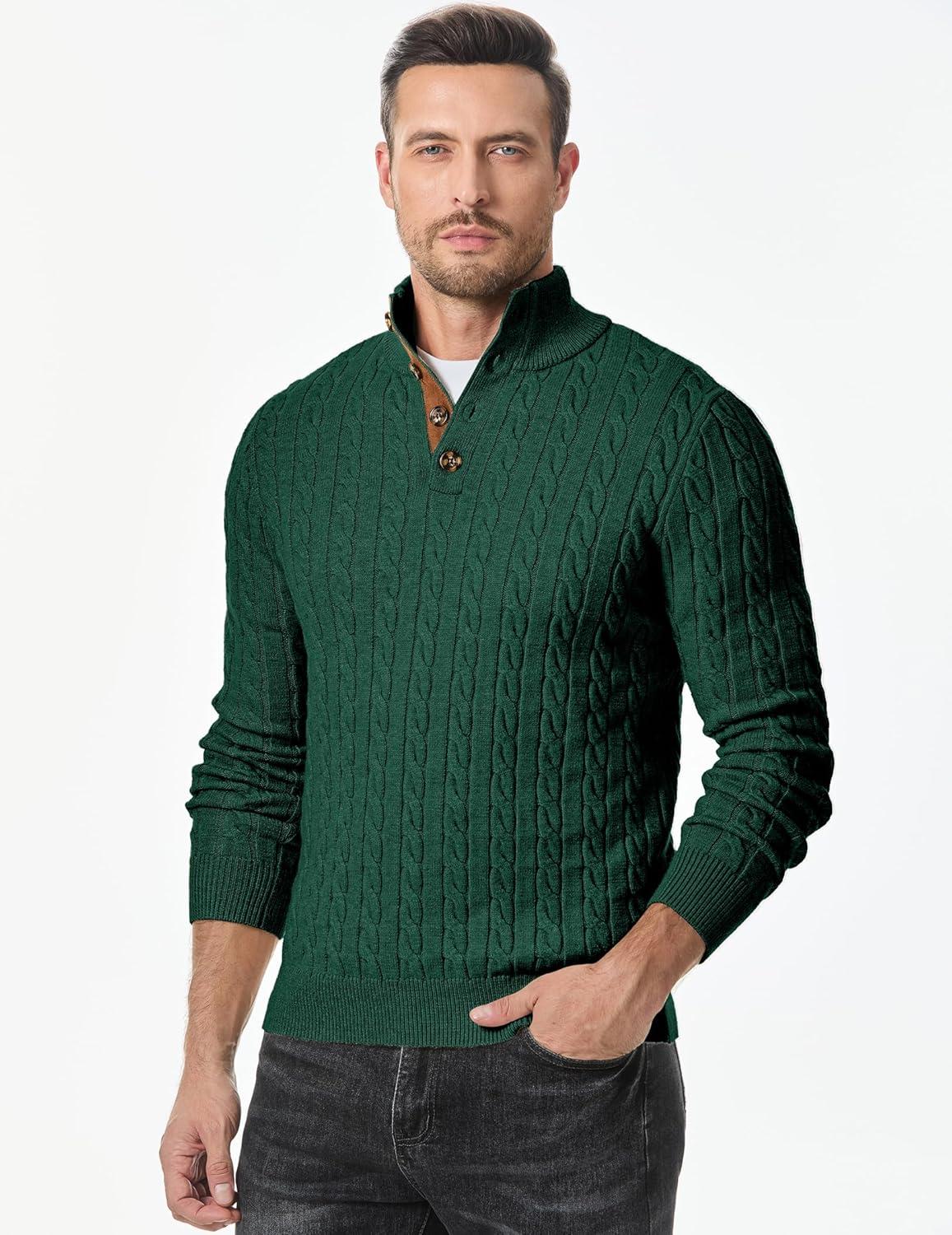 imageJMIERR Mens Cable Knit Pullover Sweater Casual Long Sleeve Stand Collar Button Knitted SweatersDark Green