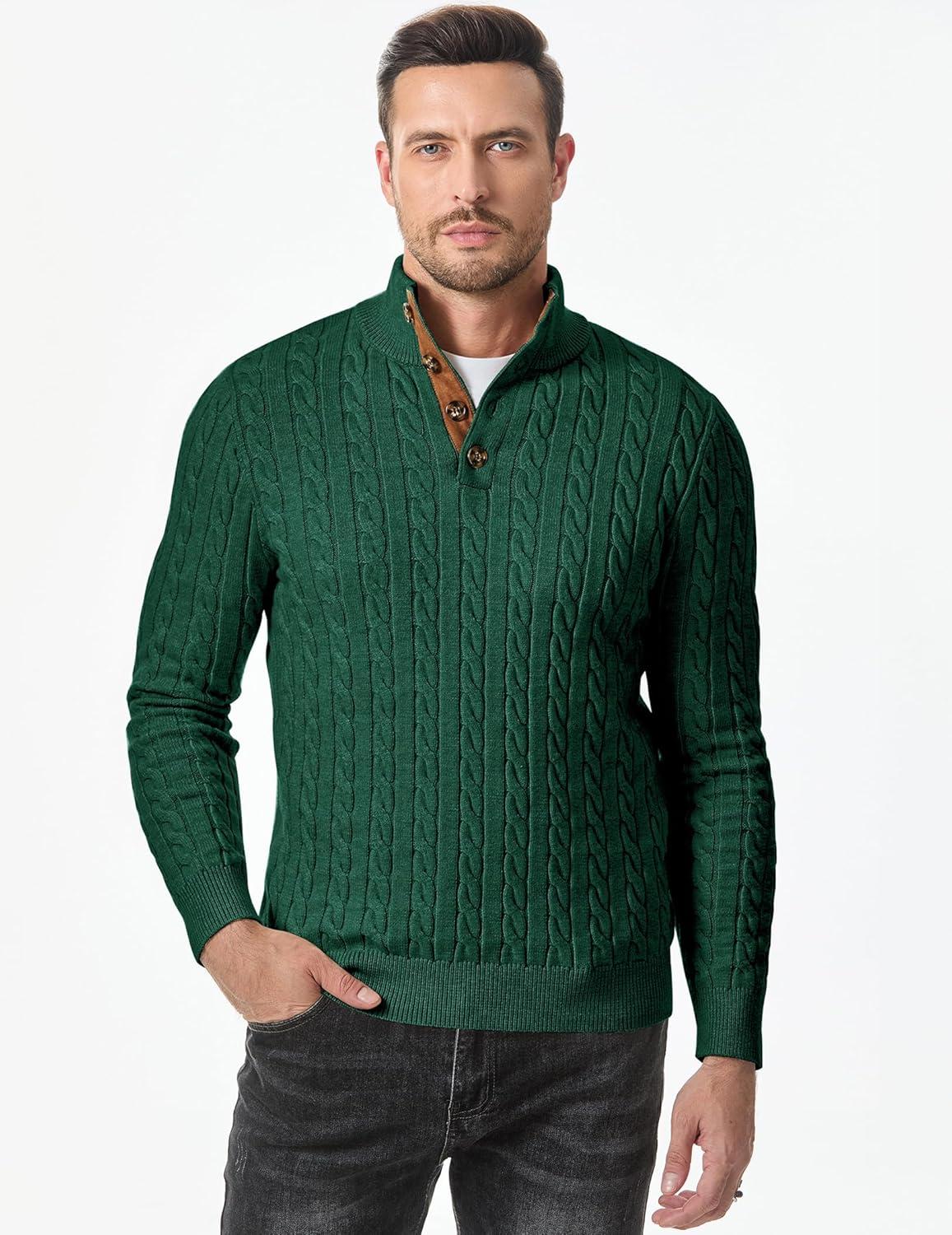 imageJMIERR Mens Cable Knit Pullover Sweater Casual Long Sleeve Stand Collar Button Knitted SweatersDark Green