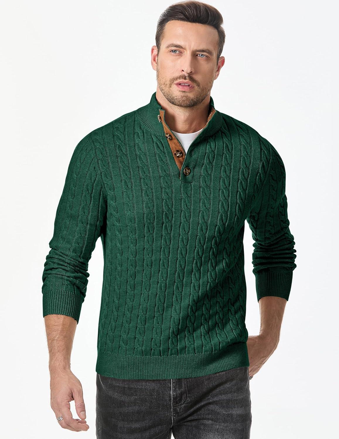 imageJMIERR Mens Cable Knit Pullover Sweater Casual Long Sleeve Stand Collar Button Knitted SweatersDark Green