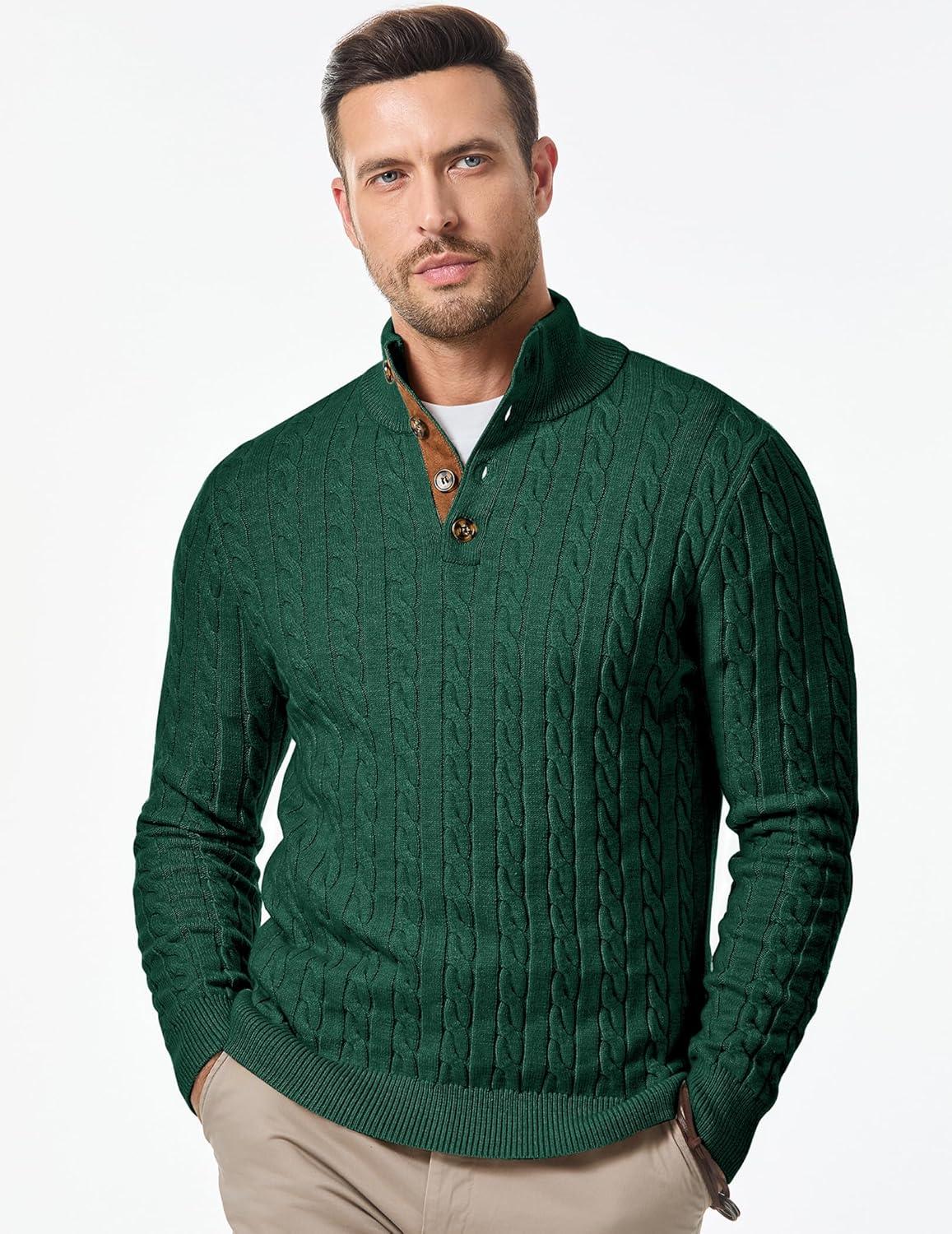 imageJMIERR Mens Cable Knit Pullover Sweater Casual Long Sleeve Stand Collar Button Knitted SweatersDark Green