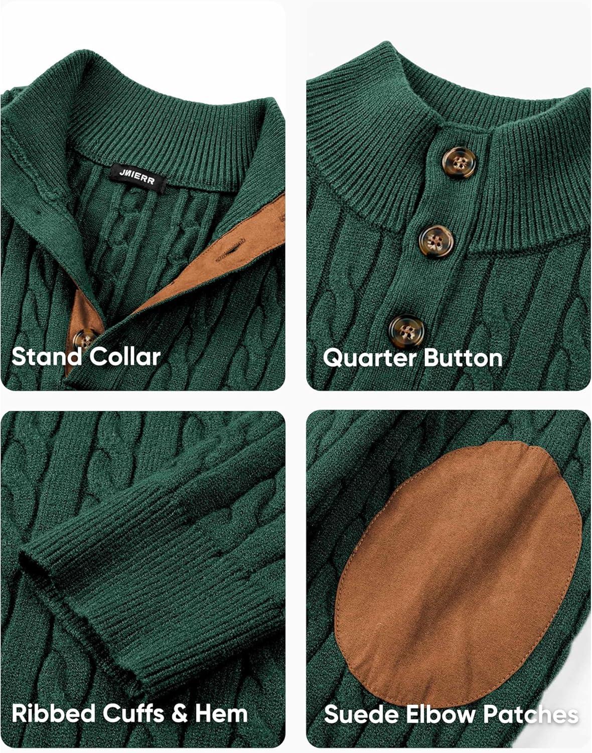 imageJMIERR Mens Cable Knit Pullover Sweater Casual Long Sleeve Stand Collar Button Knitted SweatersDark Green