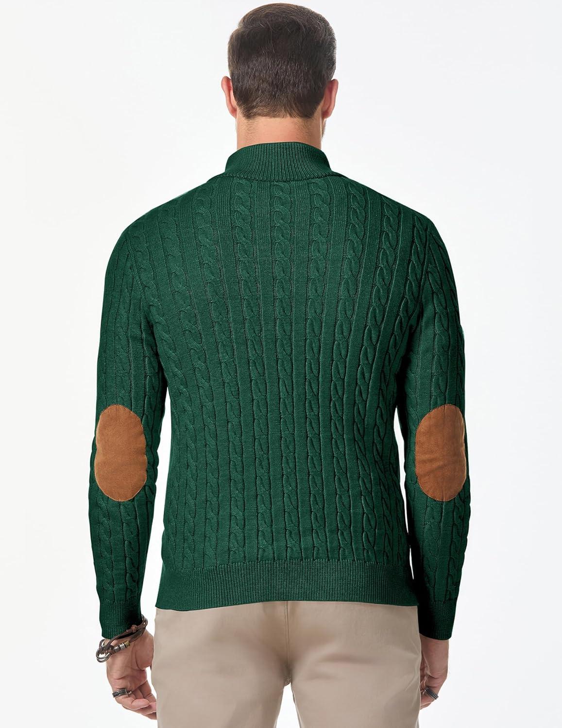 imageJMIERR Mens Cable Knit Pullover Sweater Casual Long Sleeve Stand Collar Button Knitted SweatersDark Green