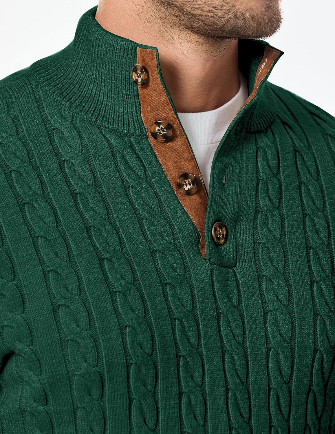 imageJMIERR Mens Cable Knit Pullover Sweater Casual Long Sleeve Stand Collar Button Knitted SweatersDark Green