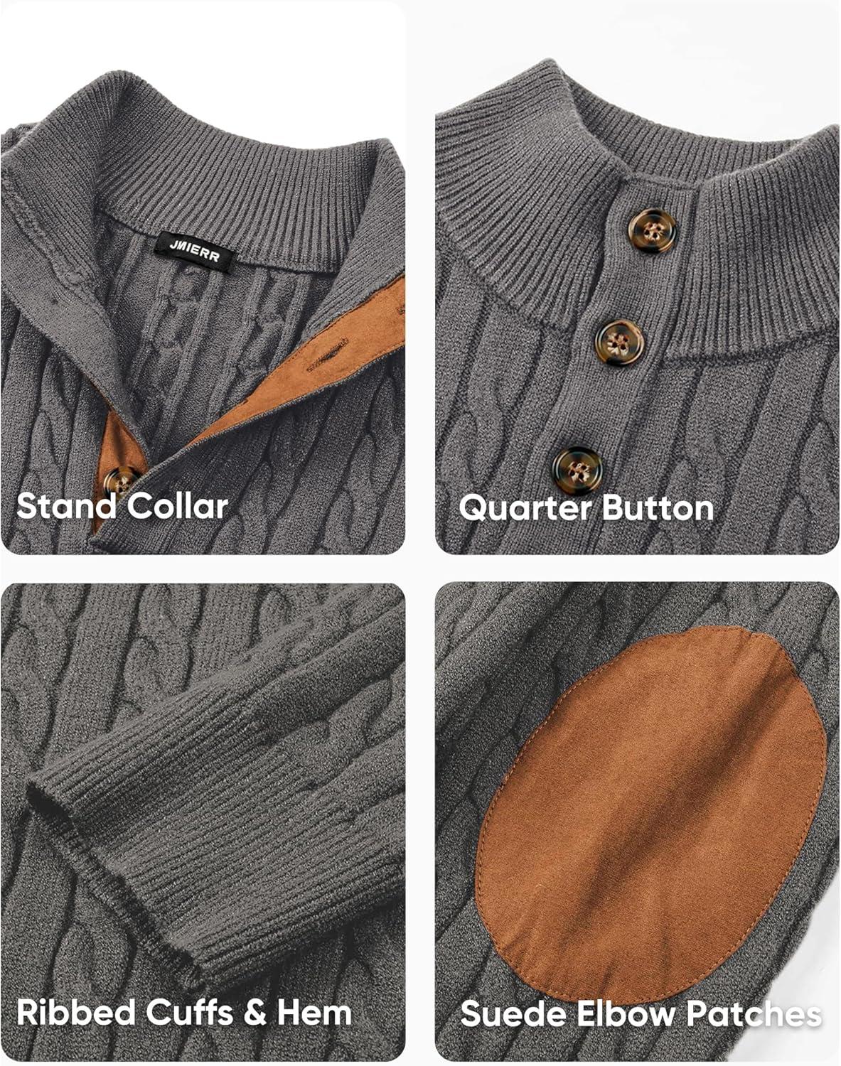 imageJMIERR Mens Cable Knit Pullover Sweater Casual Long Sleeve Stand Collar Button Knitted SweatersDark Grey