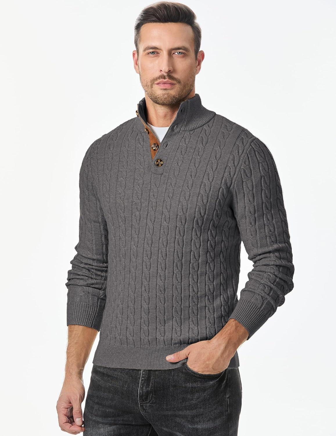 imageJMIERR Mens Cable Knit Pullover Sweater Casual Long Sleeve Stand Collar Button Knitted SweatersDark Grey
