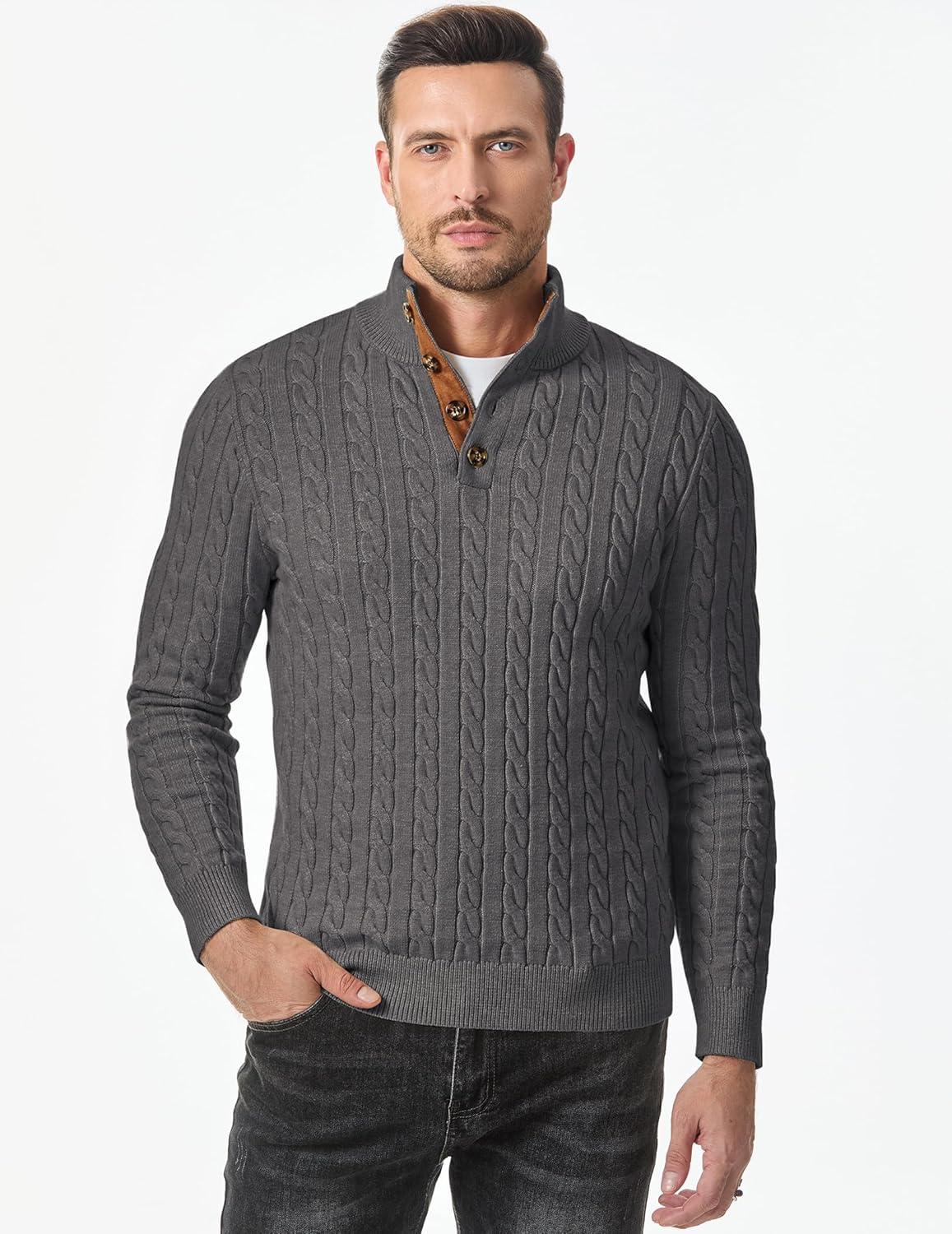 imageJMIERR Mens Cable Knit Pullover Sweater Casual Long Sleeve Stand Collar Button Knitted SweatersDark Grey