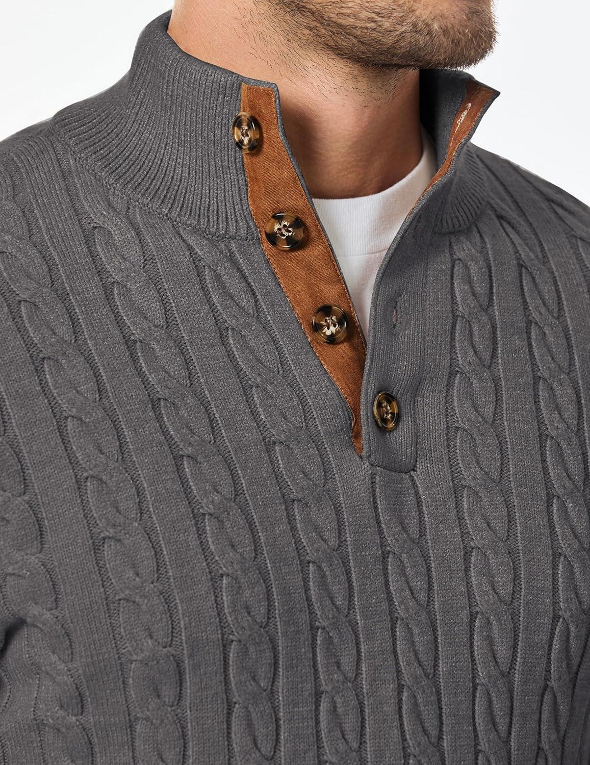 imageJMIERR Mens Cable Knit Pullover Sweater Casual Long Sleeve Stand Collar Button Knitted SweatersDark Grey