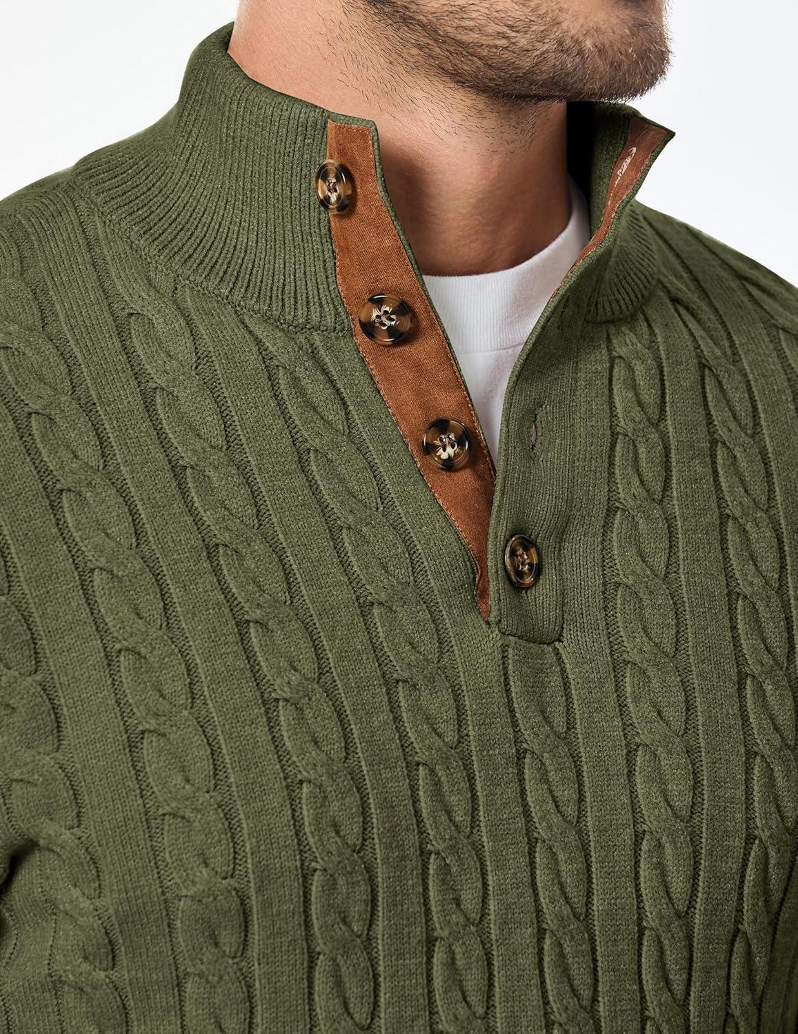 imageJMIERR Mens Cable Knit Pullover Sweater Casual Long Sleeve Stand Collar Button Knitted SweatersJungle Green