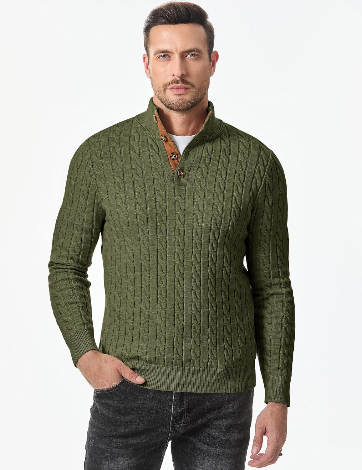 imageJMIERR Mens Cable Knit Pullover Sweater Casual Long Sleeve Stand Collar Button Knitted SweatersJungle Green