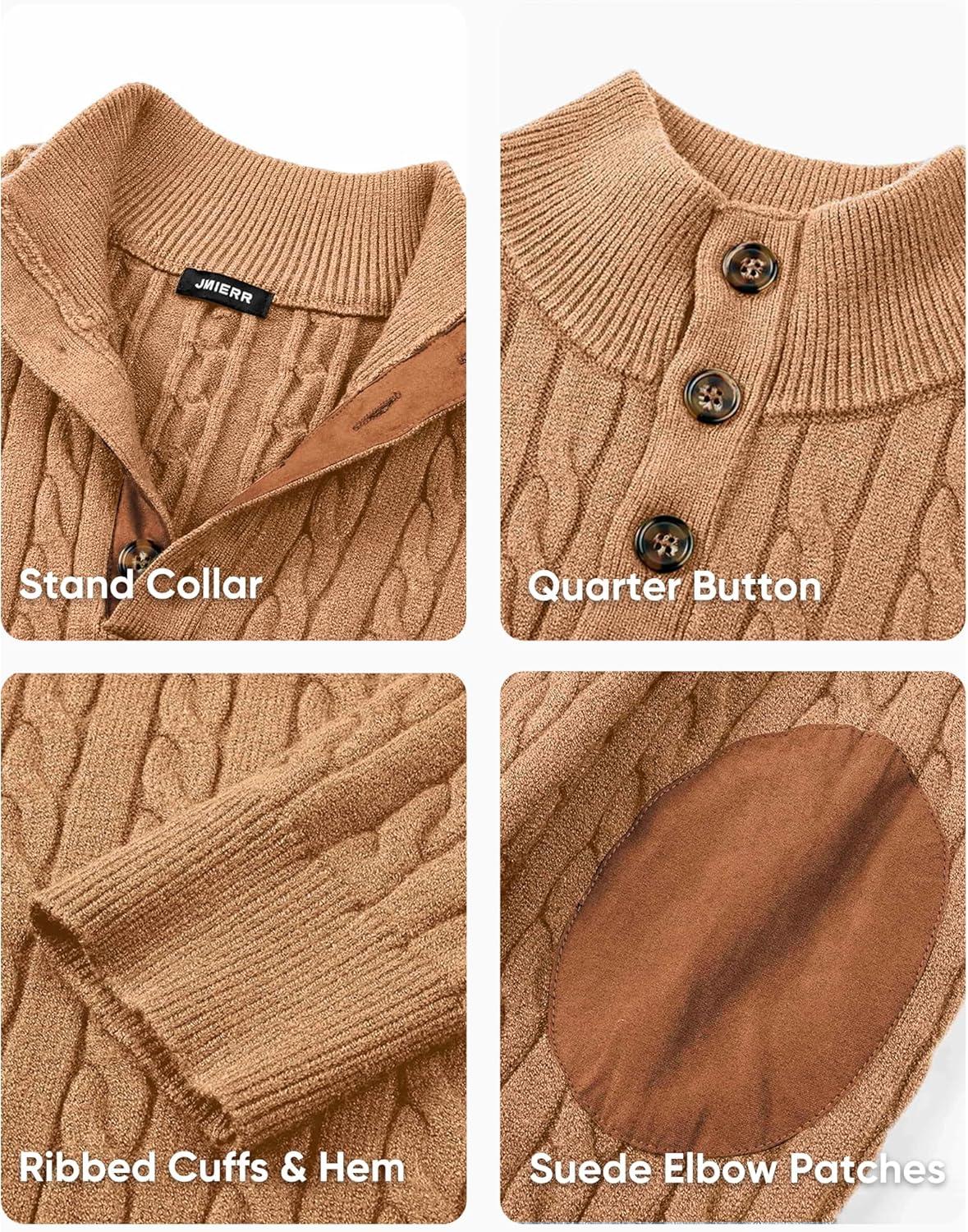 imageJMIERR Mens Cable Knit Pullover Sweater Casual Long Sleeve Stand Collar Button Knitted SweatersKhaki