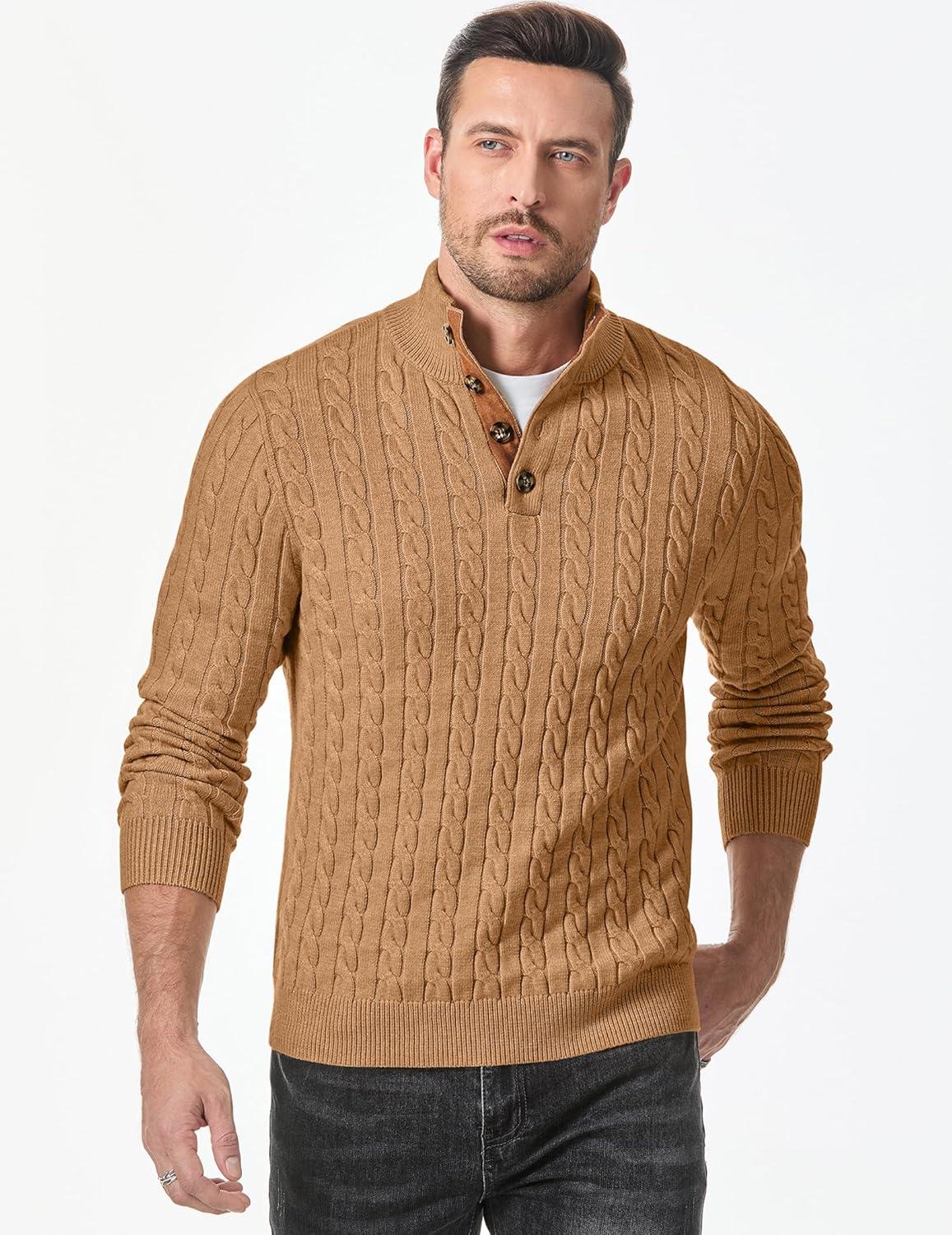 imageJMIERR Mens Cable Knit Pullover Sweater Casual Long Sleeve Stand Collar Button Knitted SweatersKhaki