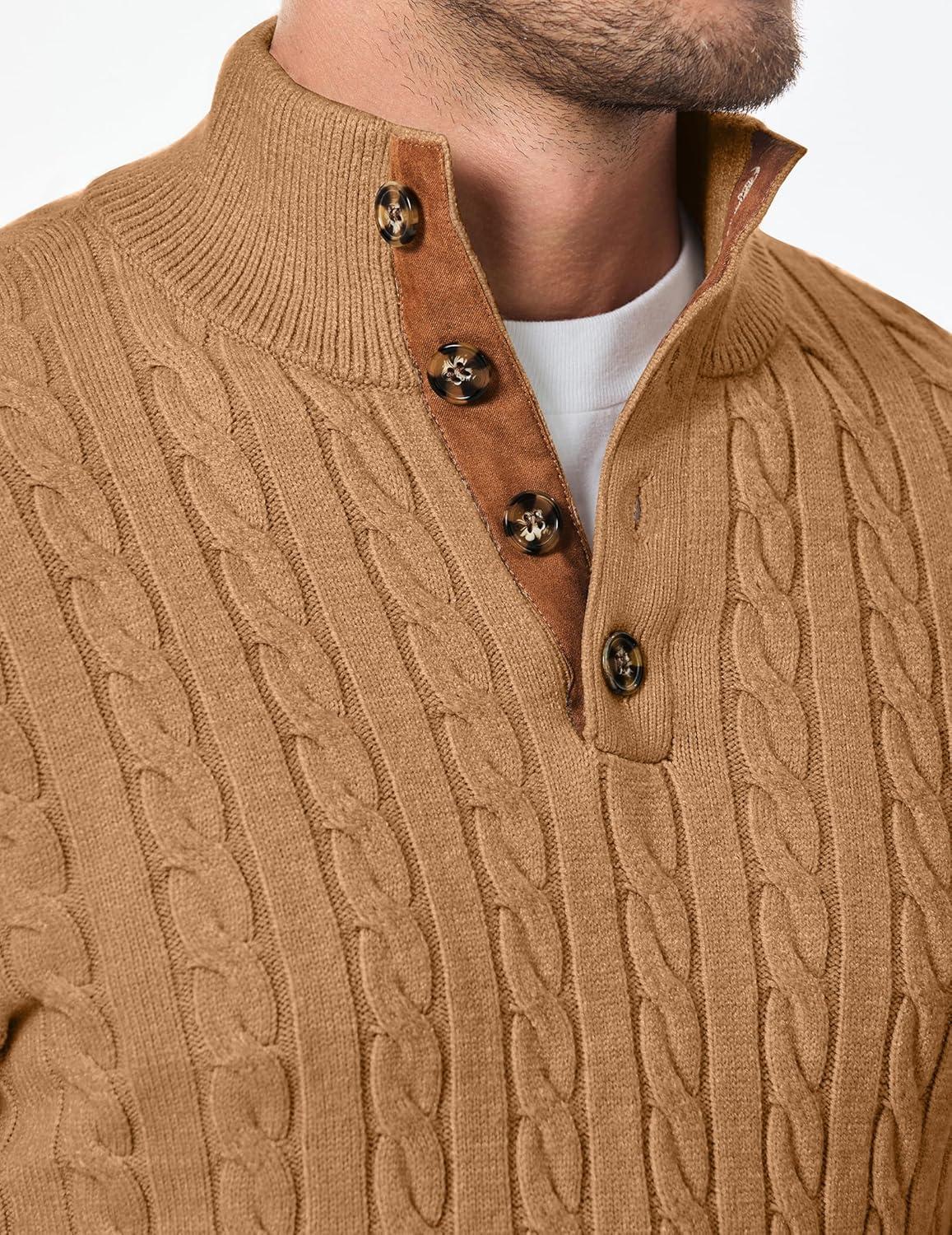 imageJMIERR Mens Cable Knit Pullover Sweater Casual Long Sleeve Stand Collar Button Knitted SweatersKhaki