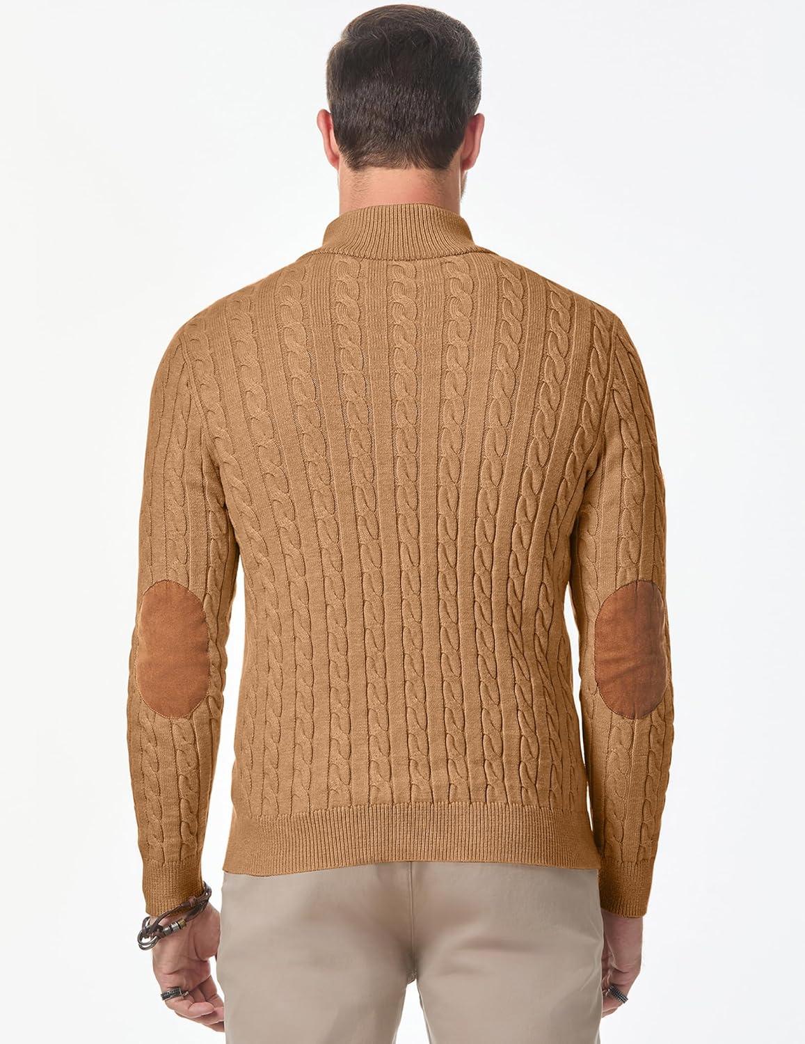 imageJMIERR Mens Cable Knit Pullover Sweater Casual Long Sleeve Stand Collar Button Knitted SweatersKhaki