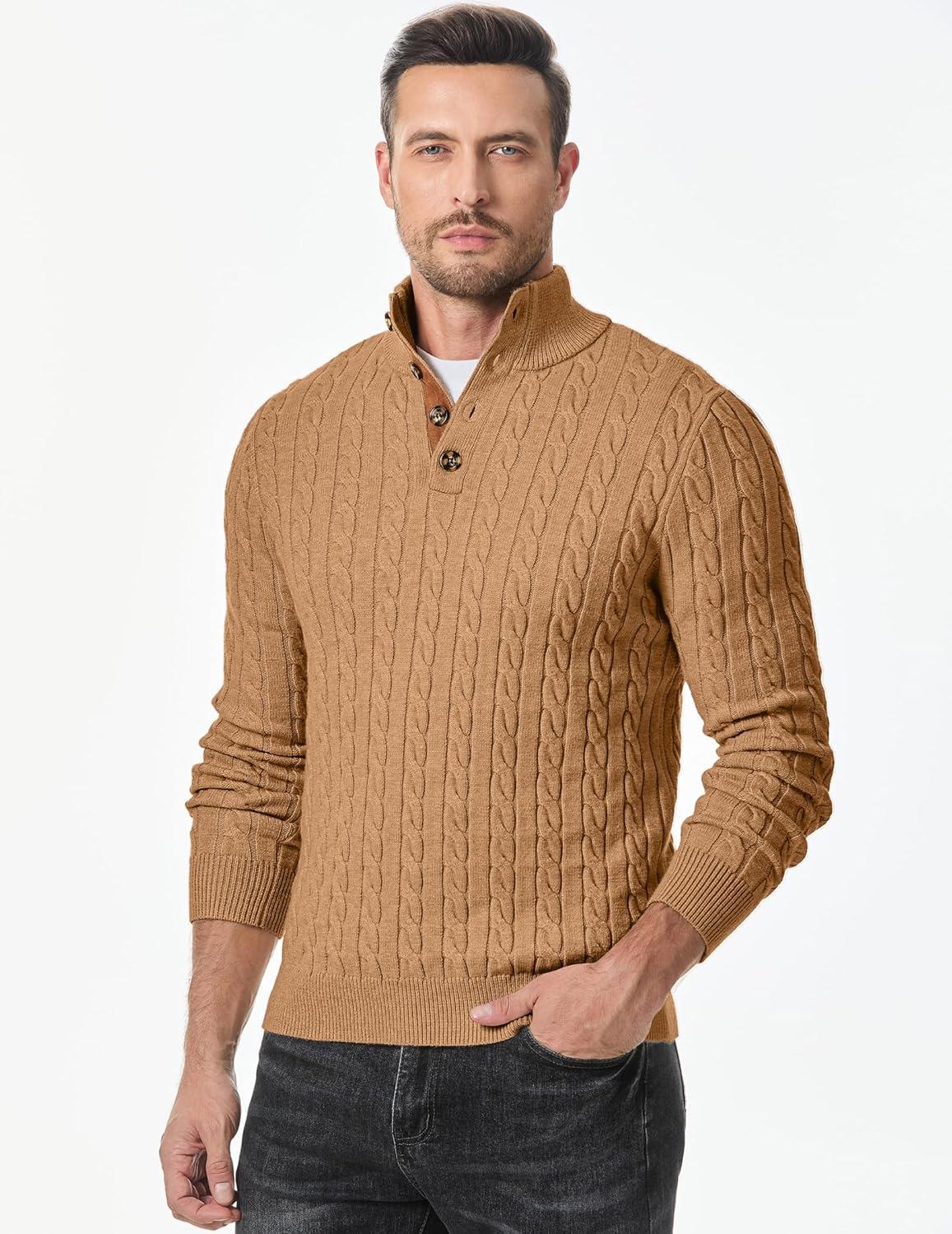 imageJMIERR Mens Cable Knit Pullover Sweater Casual Long Sleeve Stand Collar Button Knitted SweatersKhaki