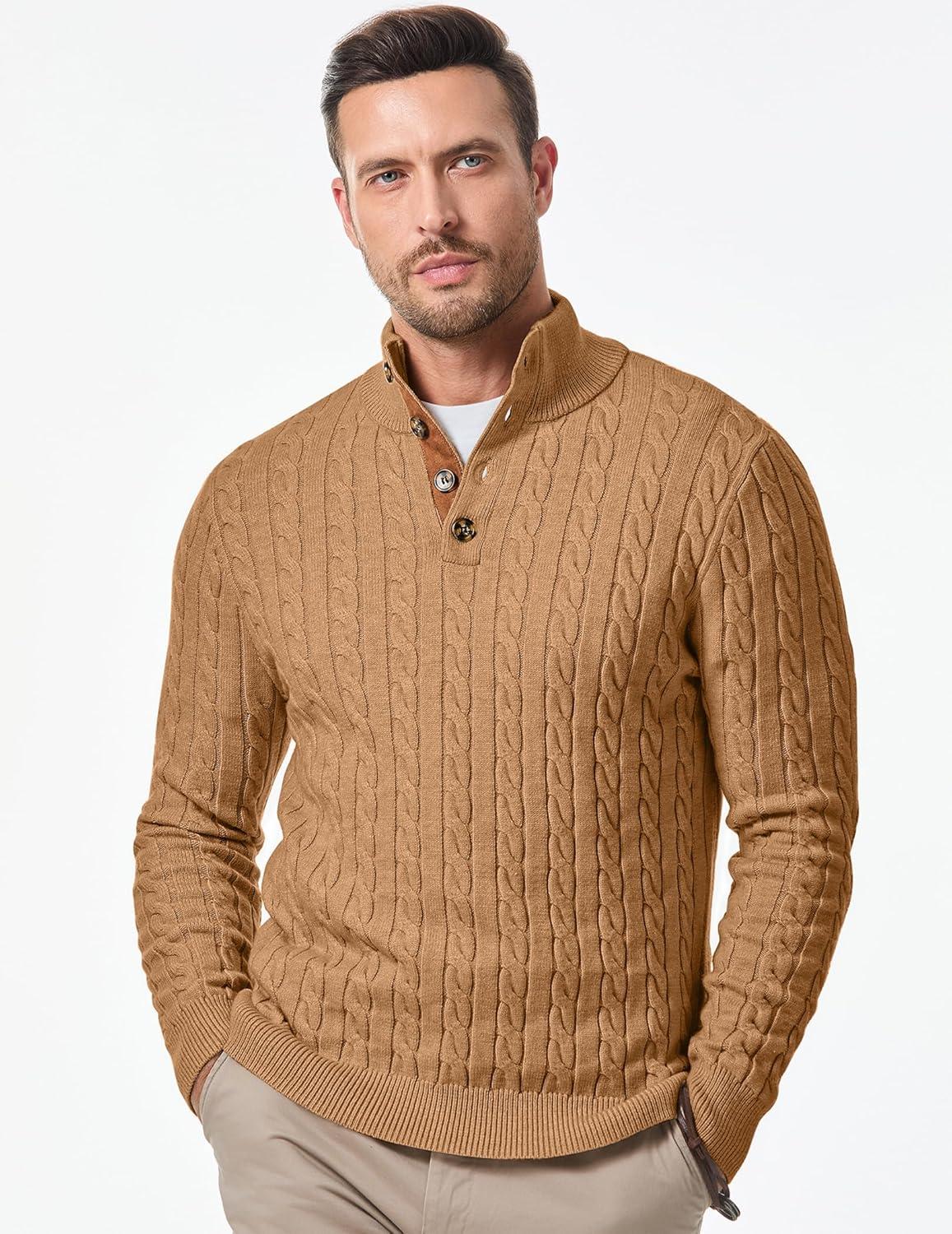 imageJMIERR Mens Cable Knit Pullover Sweater Casual Long Sleeve Stand Collar Button Knitted SweatersKhaki