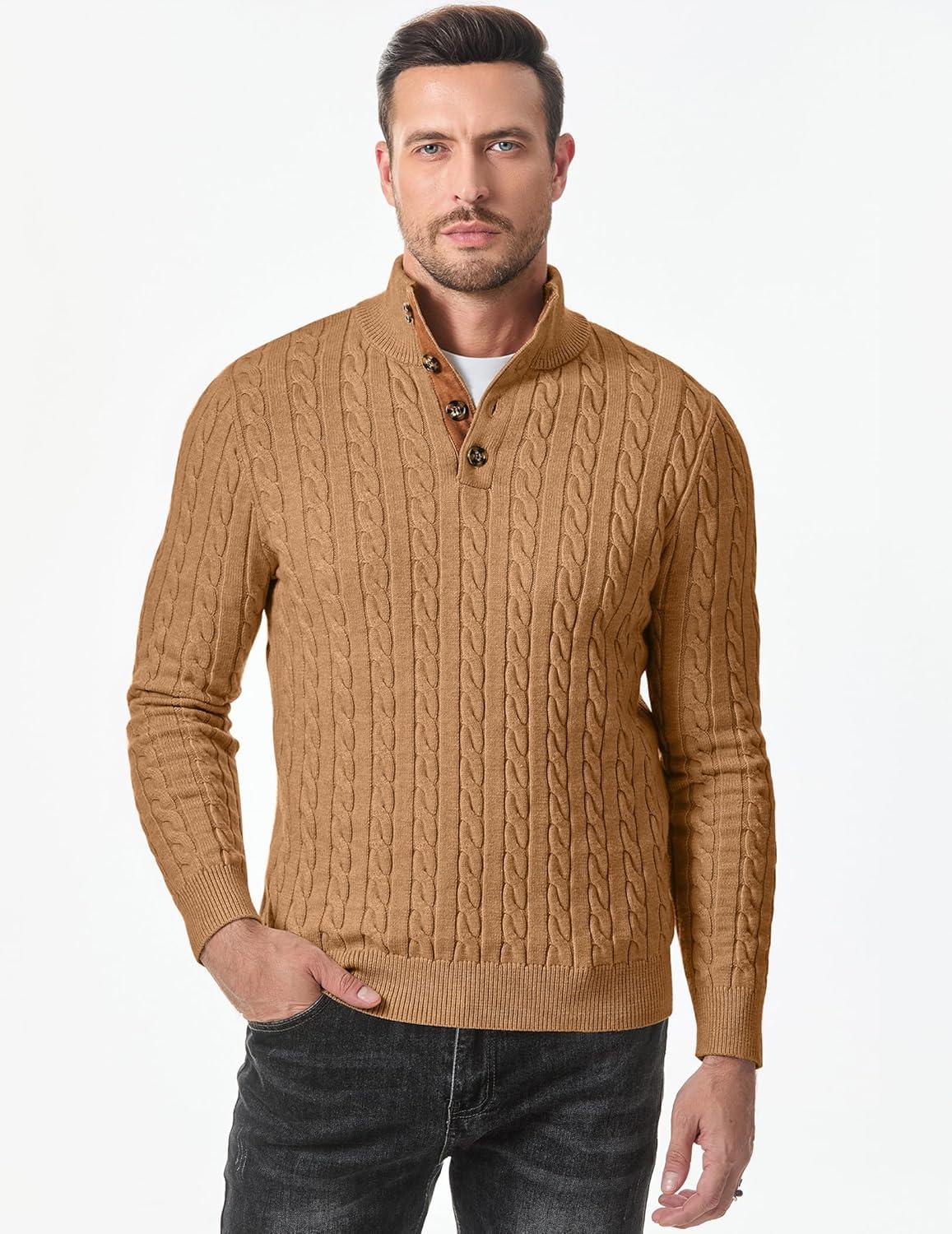 imageJMIERR Mens Cable Knit Pullover Sweater Casual Long Sleeve Stand Collar Button Knitted SweatersKhaki