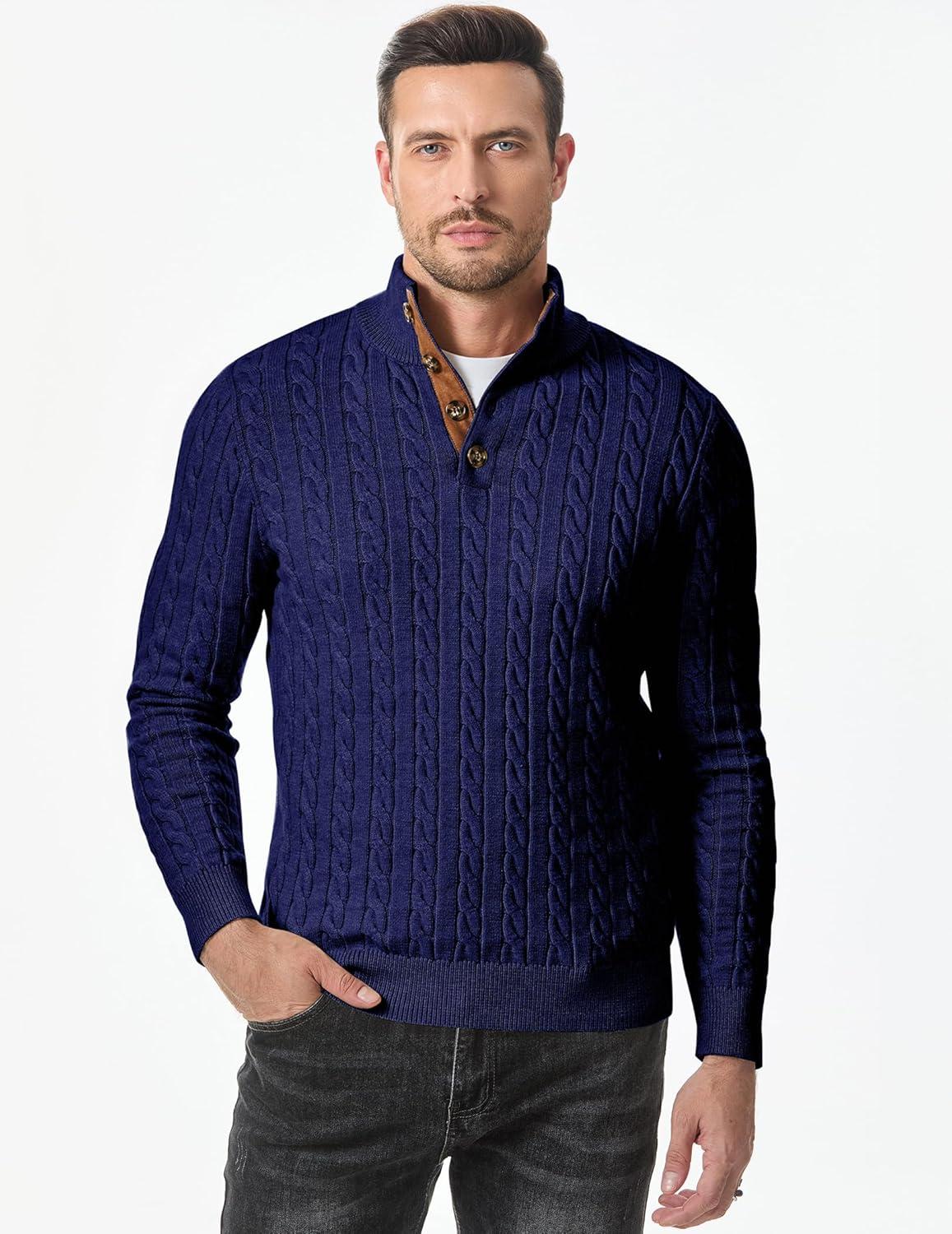 imageJMIERR Mens Cable Knit Pullover Sweater Casual Long Sleeve Stand Collar Button Knitted SweatersNavy Blue