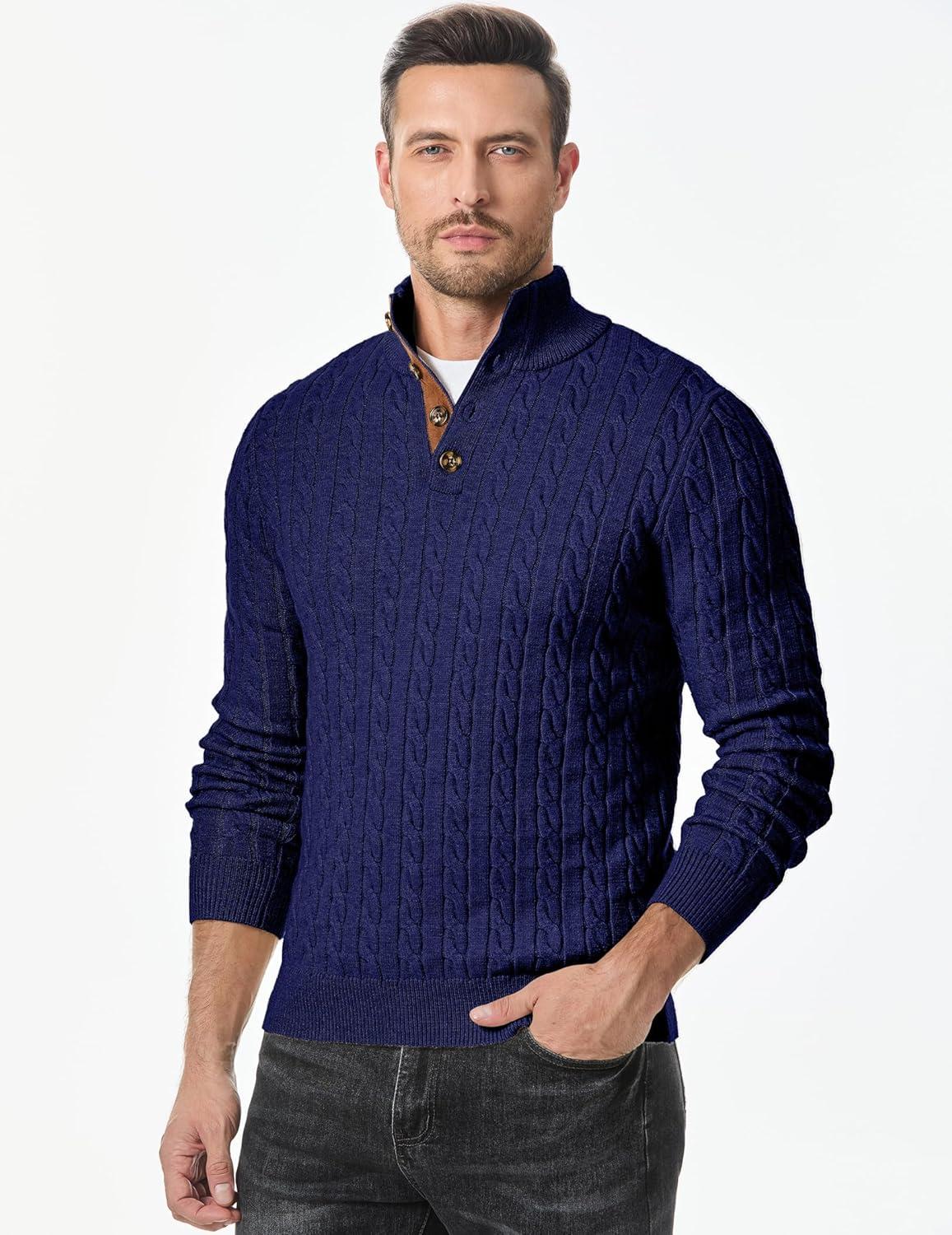 imageJMIERR Mens Cable Knit Pullover Sweater Casual Long Sleeve Stand Collar Button Knitted SweatersNavy Blue