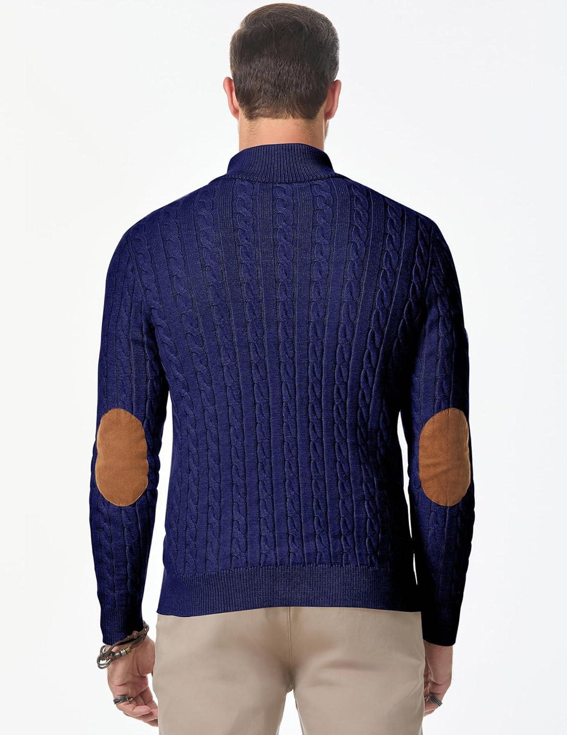 imageJMIERR Mens Cable Knit Pullover Sweater Casual Long Sleeve Stand Collar Button Knitted SweatersNavy Blue