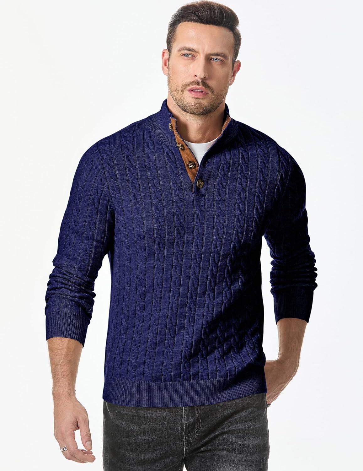 imageJMIERR Mens Cable Knit Pullover Sweater Casual Long Sleeve Stand Collar Button Knitted SweatersNavy Blue