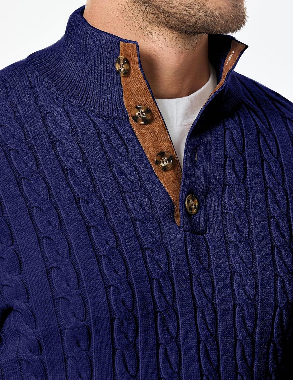 imageJMIERR Mens Cable Knit Pullover Sweater Casual Long Sleeve Stand Collar Button Knitted SweatersNavy Blue