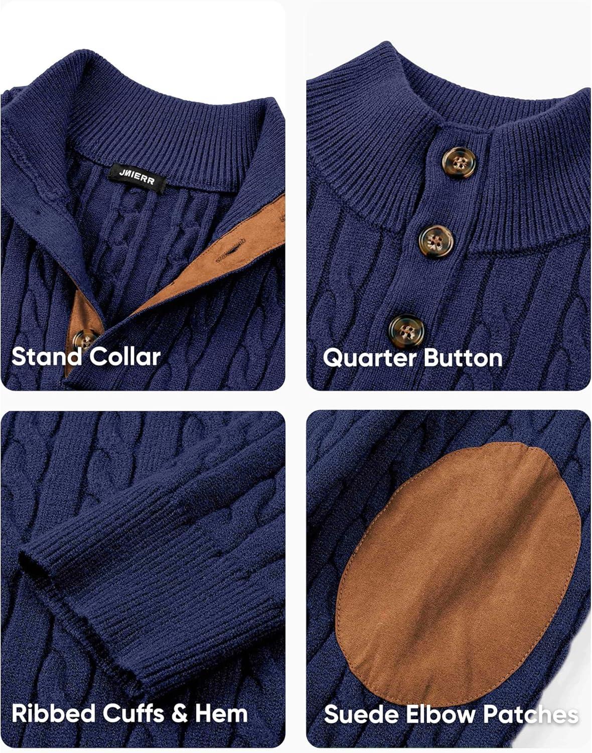 imageJMIERR Mens Cable Knit Pullover Sweater Casual Long Sleeve Stand Collar Button Knitted SweatersNavy Blue