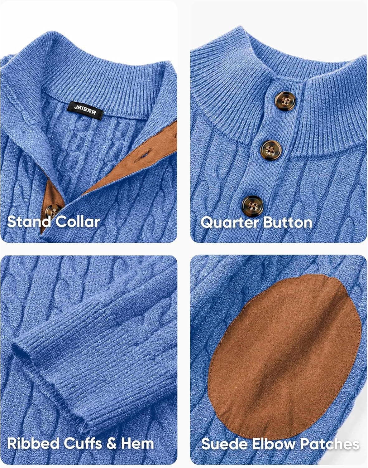 imageJMIERR Mens Cable Knit Pullover Sweater Casual Long Sleeve Stand Collar Button Knitted SweatersSky Blue