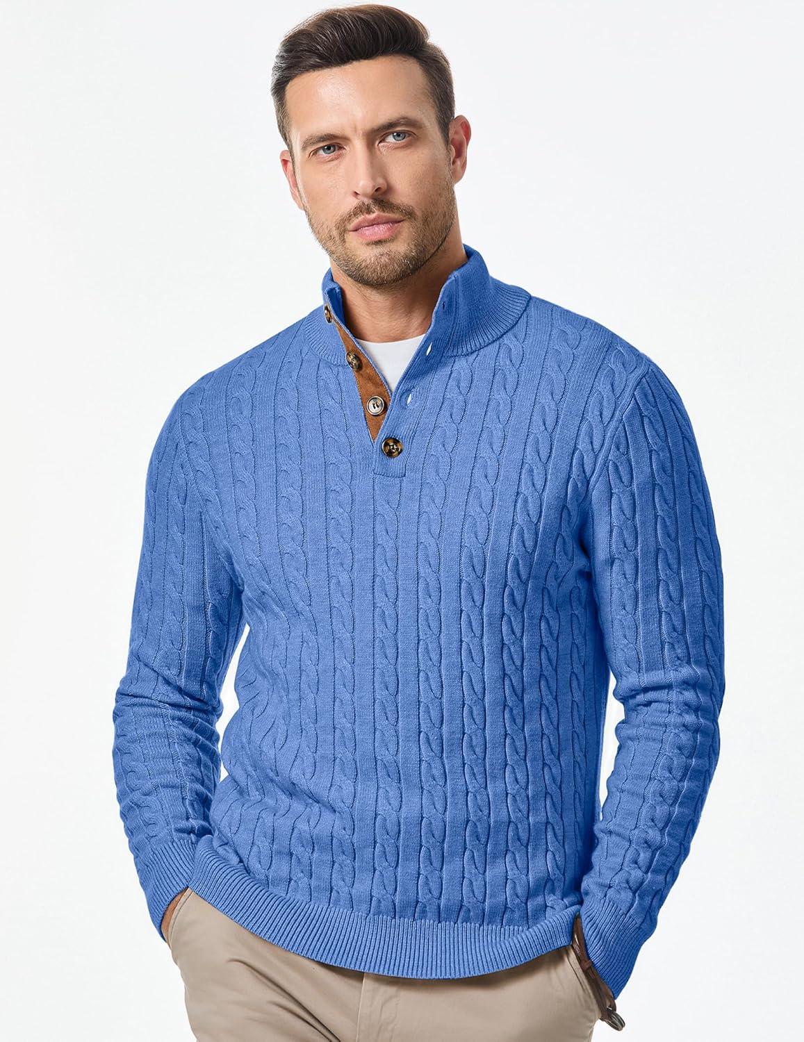 imageJMIERR Mens Cable Knit Pullover Sweater Casual Long Sleeve Stand Collar Button Knitted SweatersSky Blue