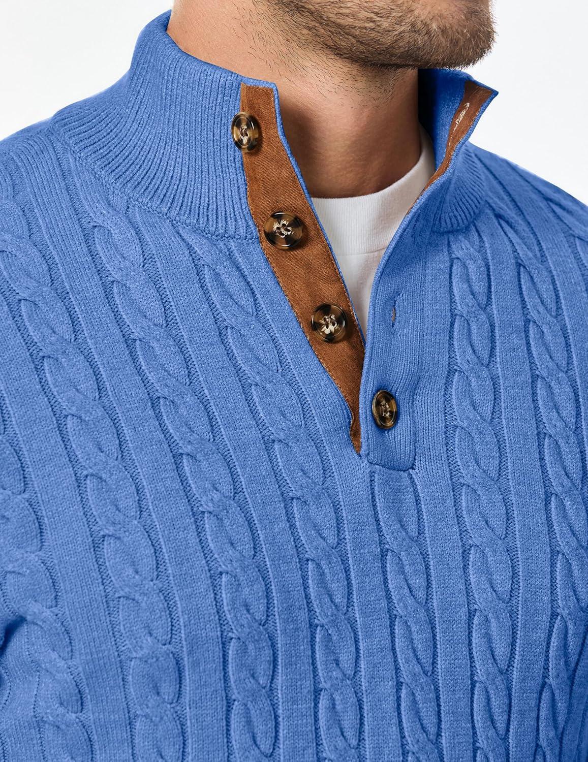 imageJMIERR Mens Cable Knit Pullover Sweater Casual Long Sleeve Stand Collar Button Knitted SweatersSky Blue