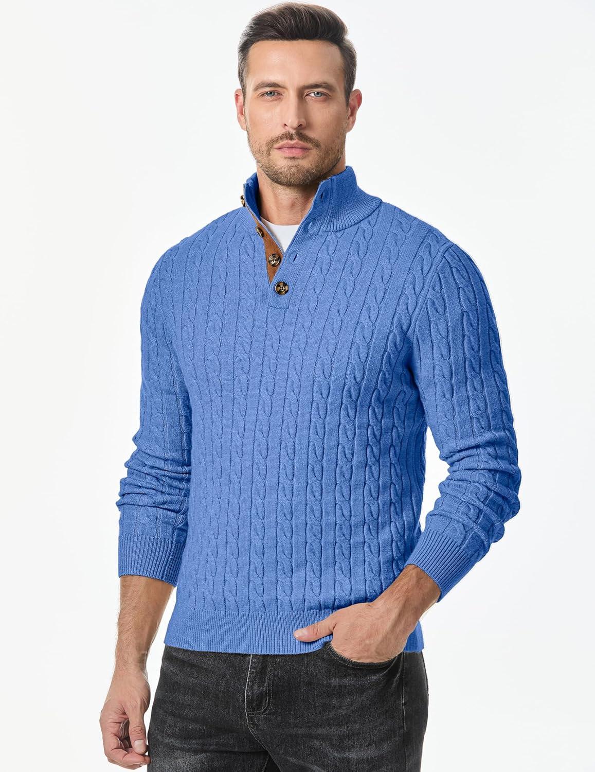 imageJMIERR Mens Cable Knit Pullover Sweater Casual Long Sleeve Stand Collar Button Knitted SweatersSky Blue