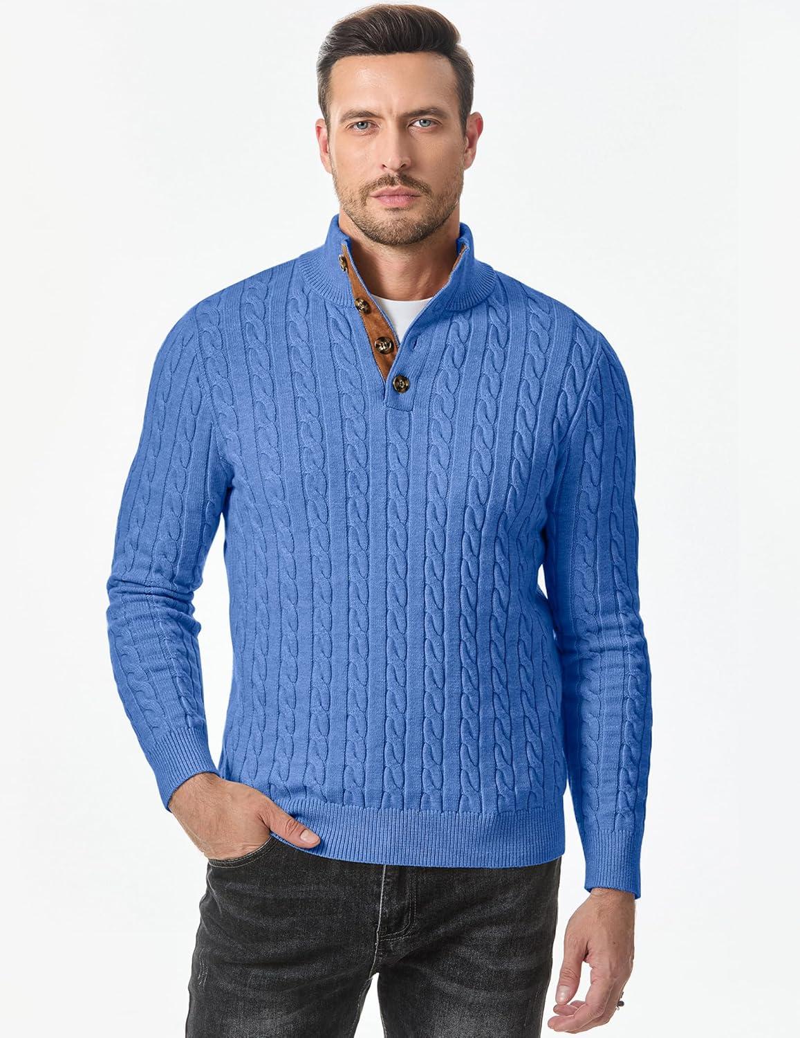 imageJMIERR Mens Cable Knit Pullover Sweater Casual Long Sleeve Stand Collar Button Knitted SweatersSky Blue
