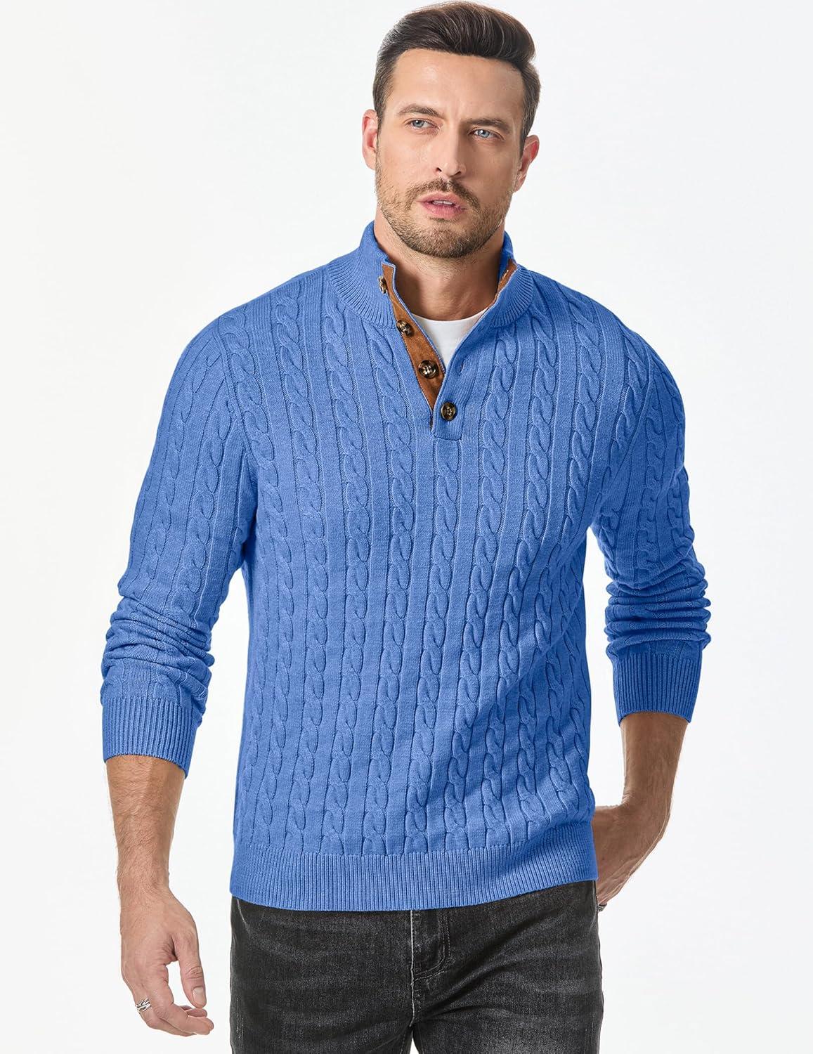 imageJMIERR Mens Cable Knit Pullover Sweater Casual Long Sleeve Stand Collar Button Knitted SweatersSky Blue