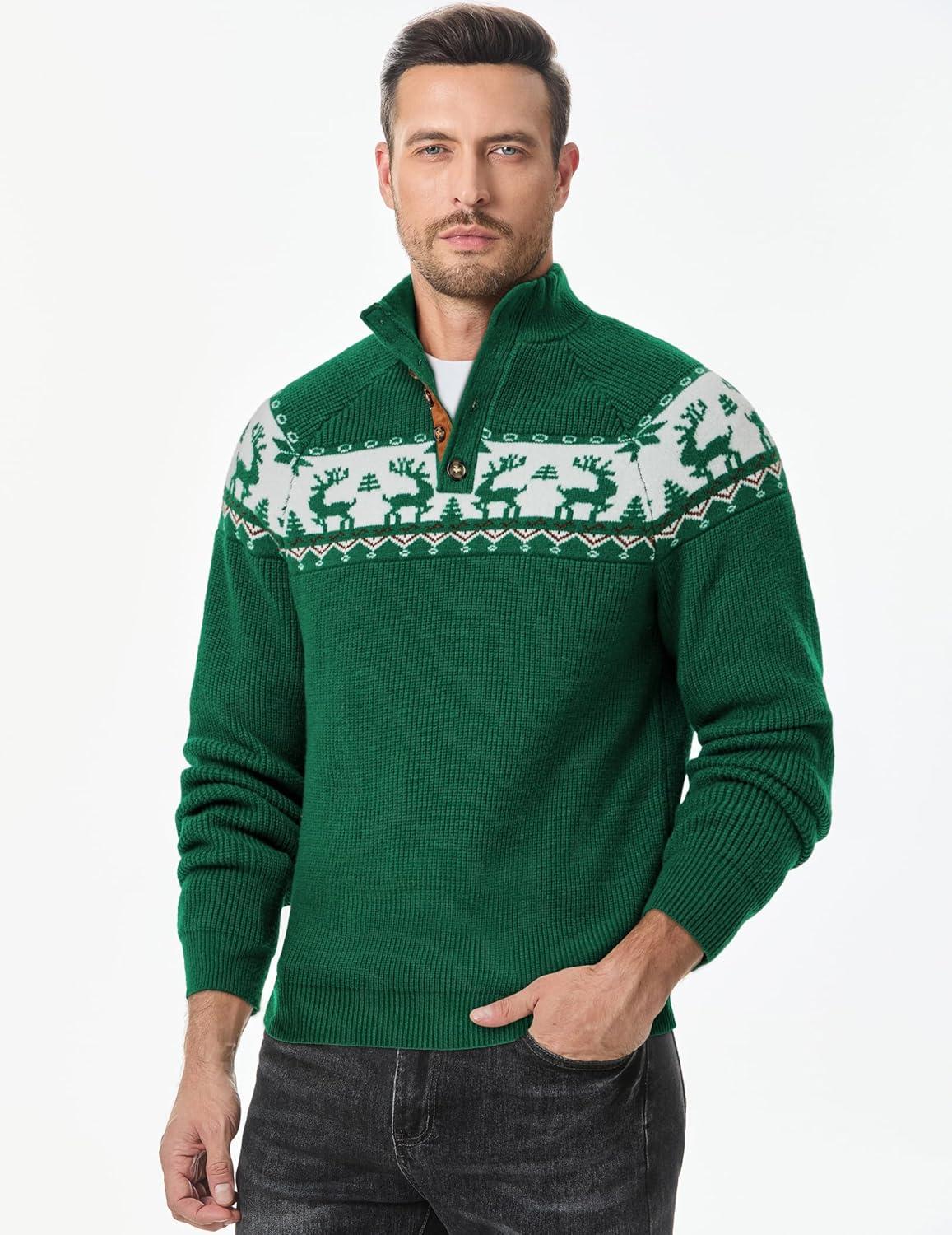 imageJMIERR Mens Cable Knit Pullover Sweater Casual Long Sleeve Stand Collar Button Knitted SweatersXmas Green Reindeer