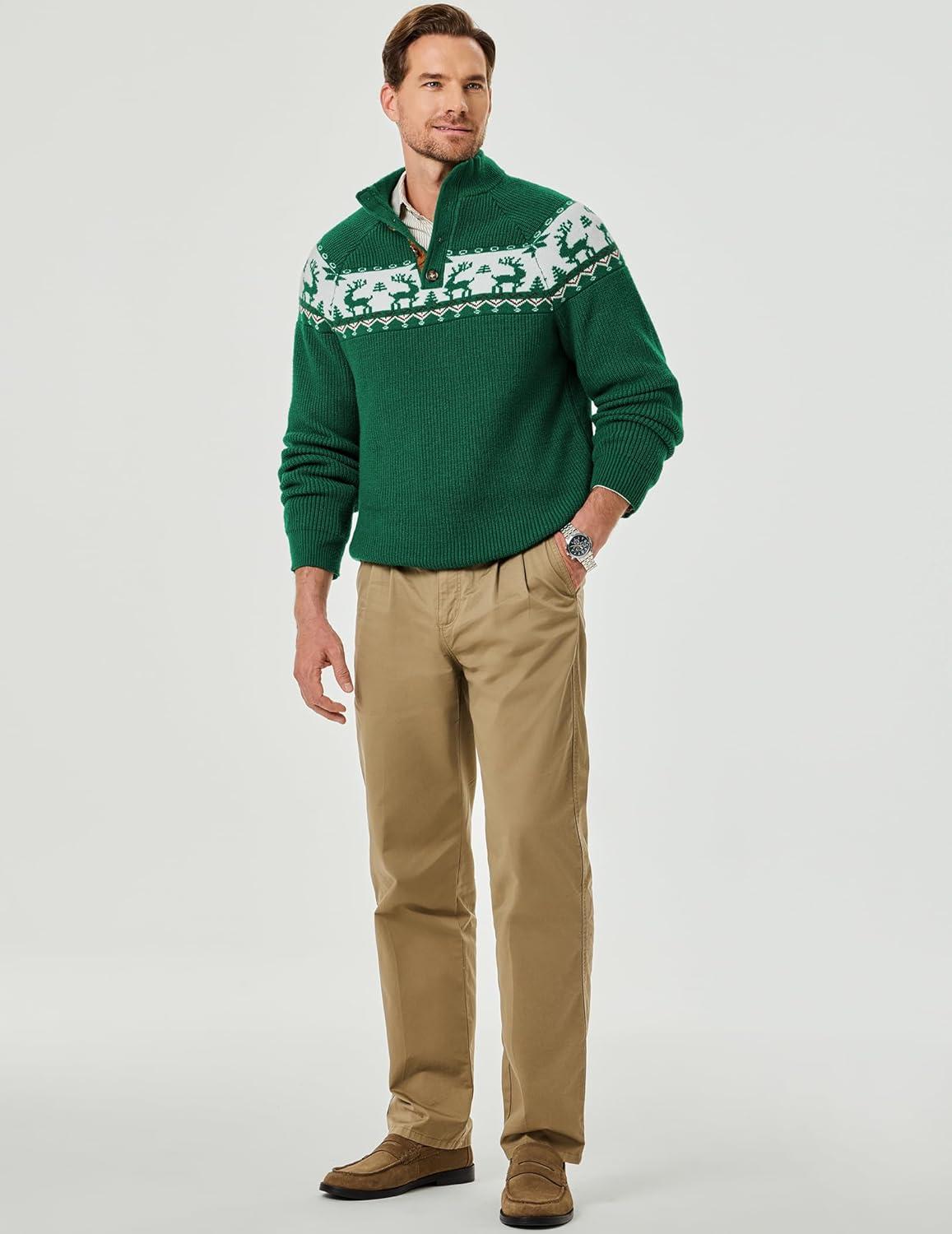 imageJMIERR Mens Cable Knit Pullover Sweater Casual Long Sleeve Stand Collar Button Knitted SweatersXmas Green Reindeer