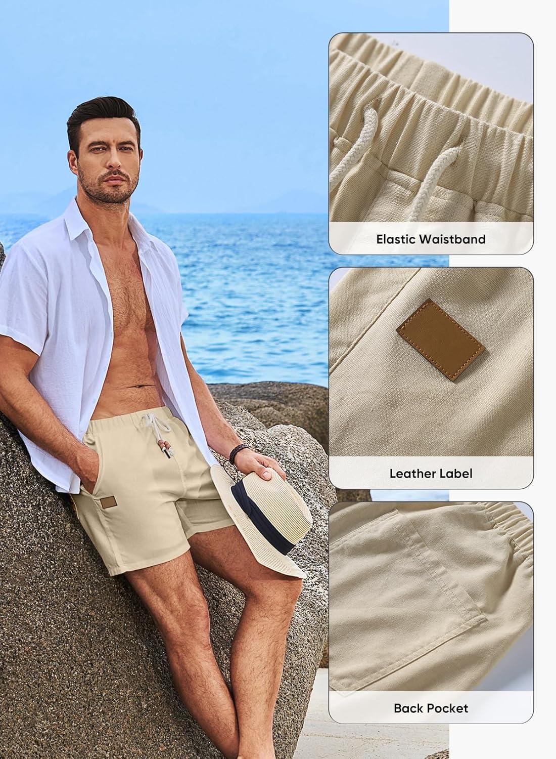 imageJMIERR Mens Casual 5quot 7quot Cotton Linen Shorts Elastic Waist Drawstring Summer Beach Shorts with PocketsApricot