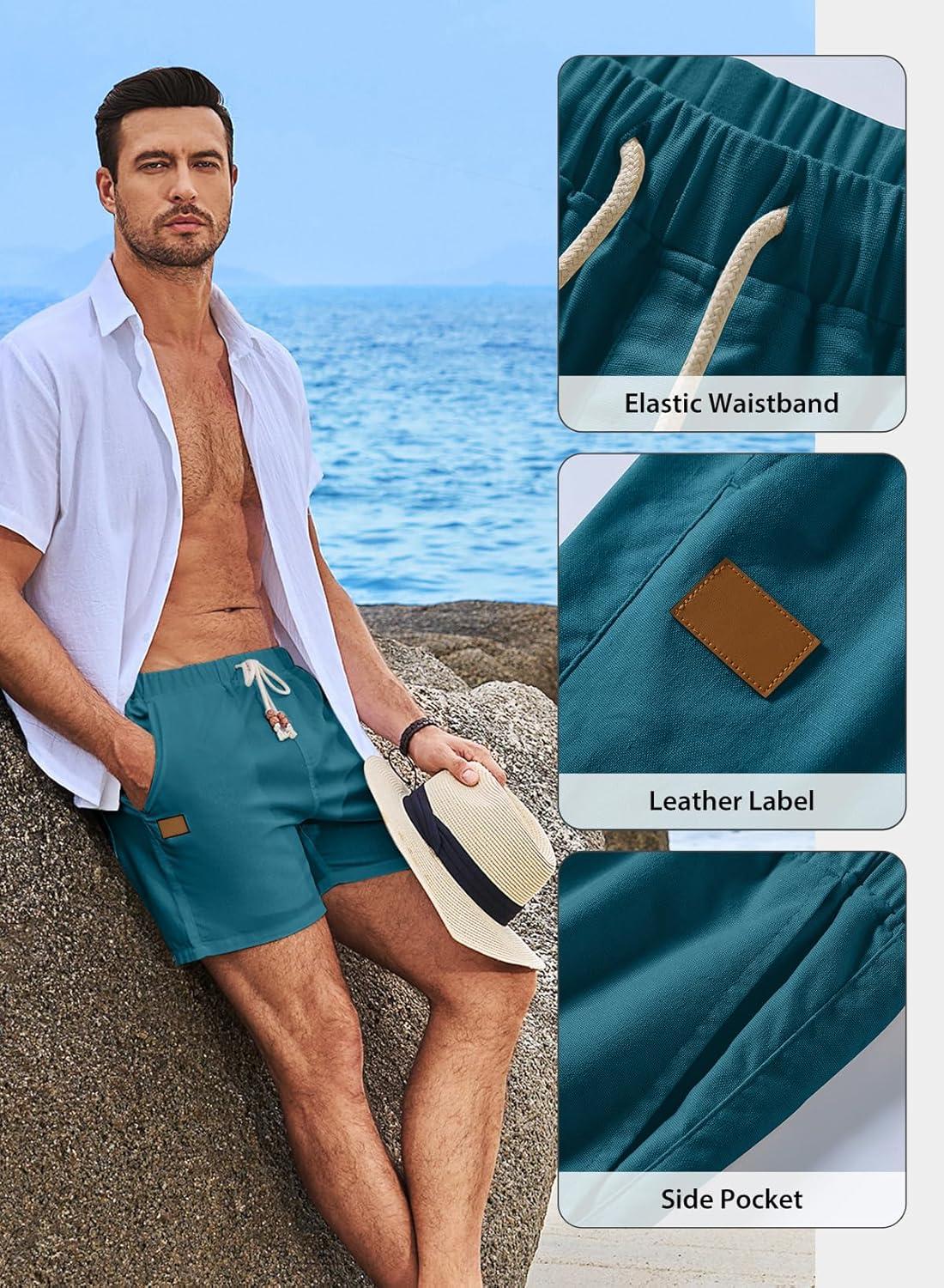 imageJMIERR Mens Casual 5quot 7quot Cotton Linen Shorts Elastic Waist Drawstring Summer Beach Shorts with PocketsB Blue2