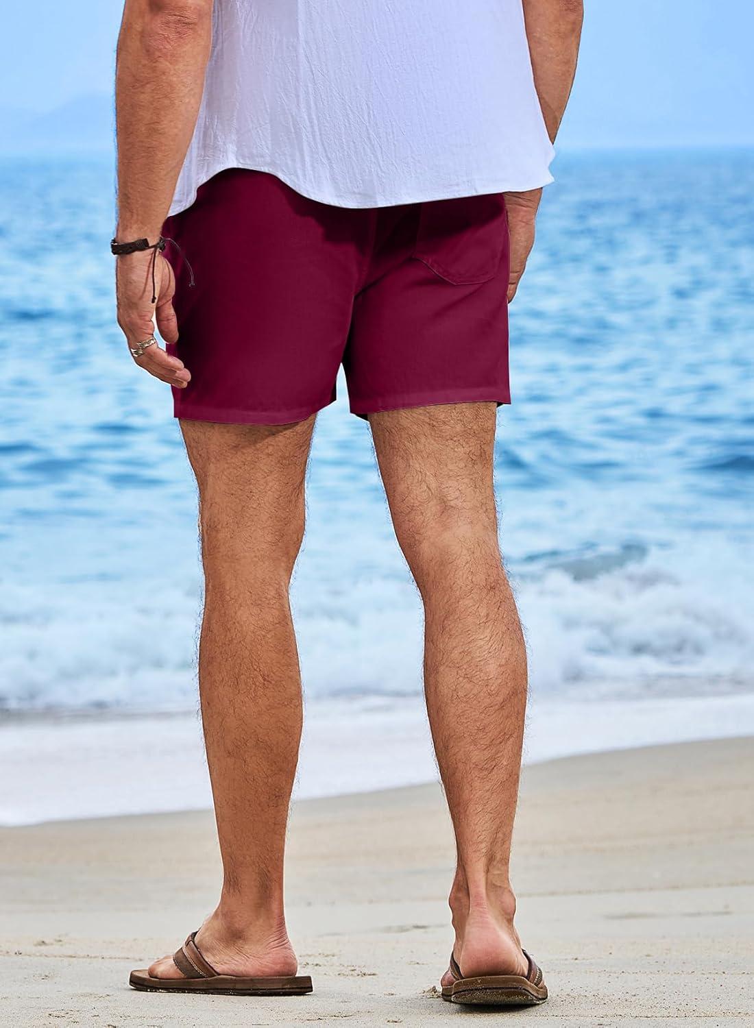 imageJMIERR Mens Casual 5quot 7quot Cotton Linen Shorts Elastic Waist Drawstring Summer Beach Shorts with PocketsC Red