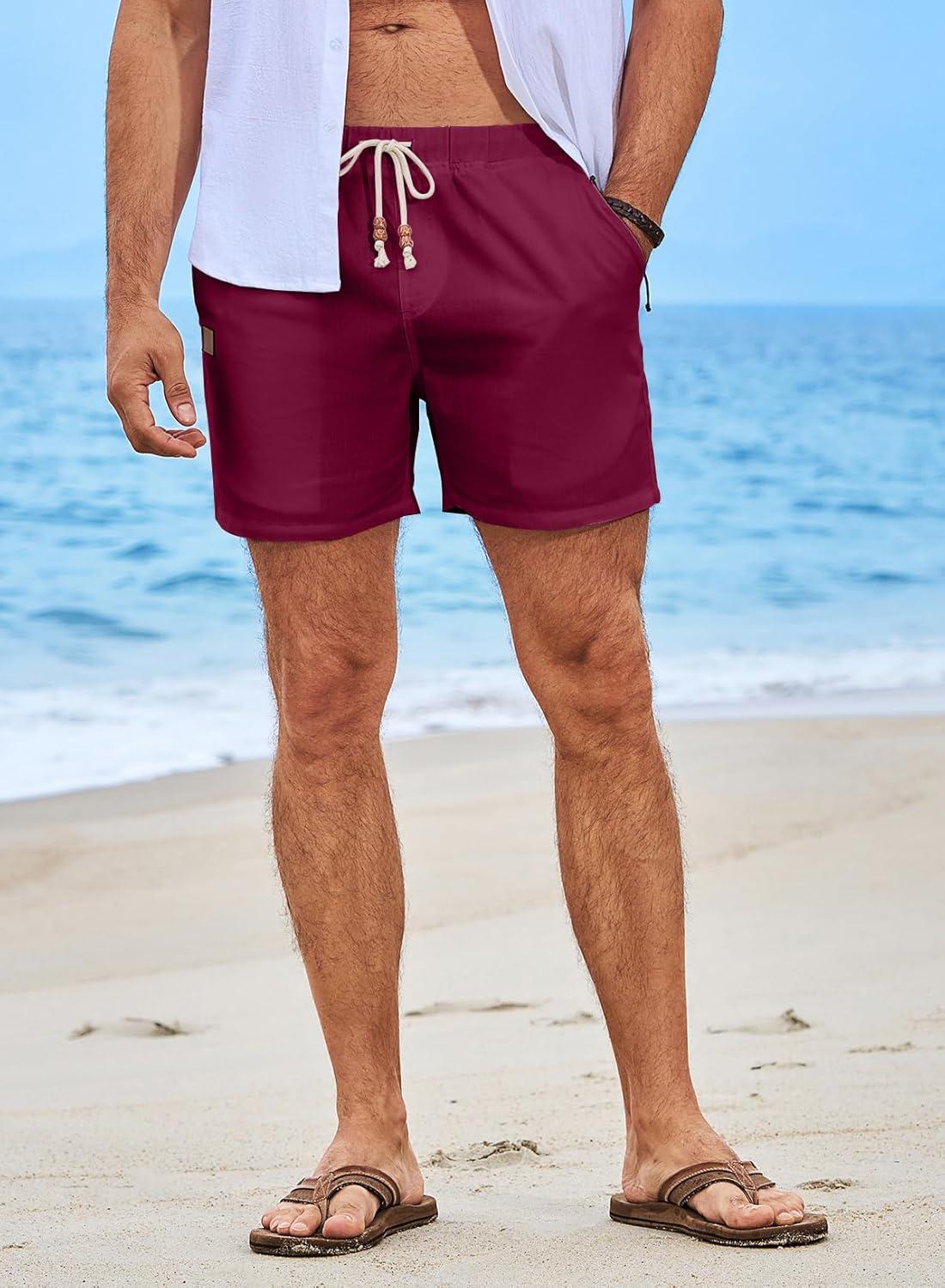 imageJMIERR Mens Casual 5quot 7quot Cotton Linen Shorts Elastic Waist Drawstring Summer Beach Shorts with PocketsC Red