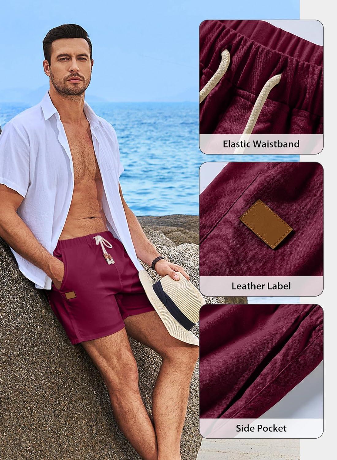imageJMIERR Mens Casual 5quot 7quot Cotton Linen Shorts Elastic Waist Drawstring Summer Beach Shorts with PocketsC Red