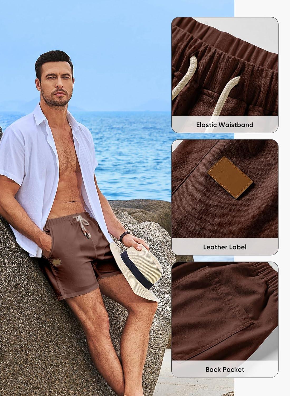 imageJMIERR Mens Casual 5quot 7quot Cotton Linen Shorts Elastic Waist Drawstring Summer Beach Shorts with PocketsCoffee