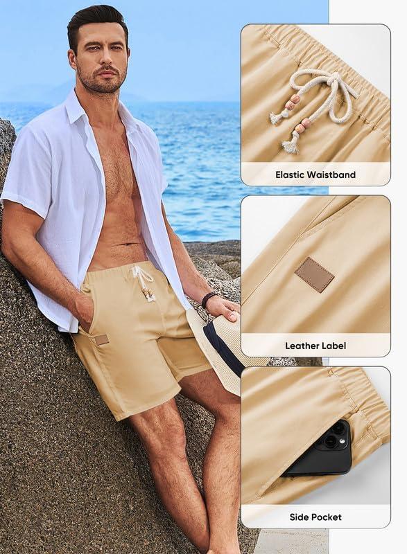 imageJMIERR Mens Casual 5quot 7quot Cotton Linen Shorts Elastic Waist Drawstring Summer Beach Shorts with PocketsF Beige